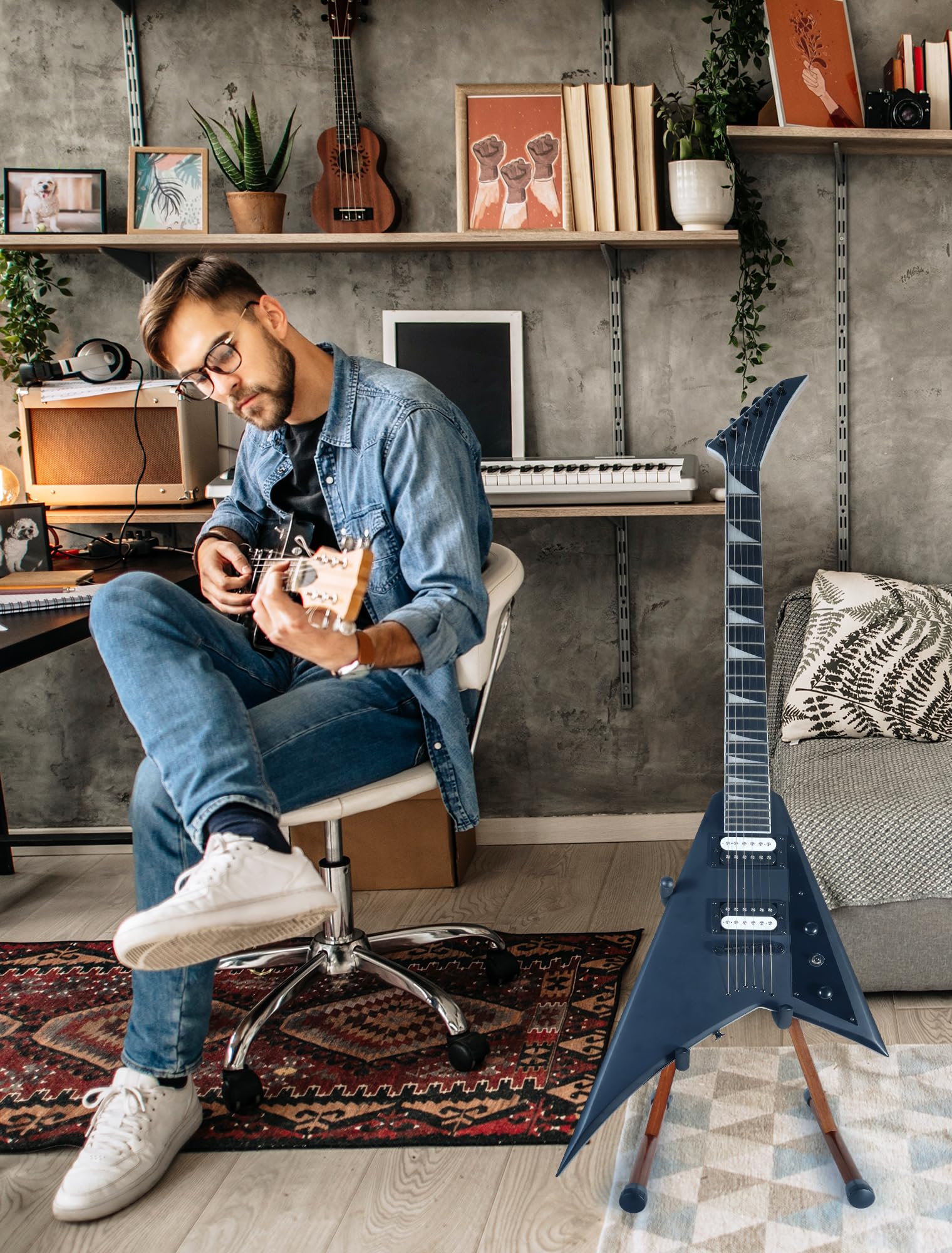 Universal E-Gitarrenständer, A-Form Bassständer mit Kippschutz & EVA-Polstern, E-Bass Halter passend für Kelly, Rhoads, Firebird, Explorer, Strandberg & extreme Formen, für Studio & Bühne