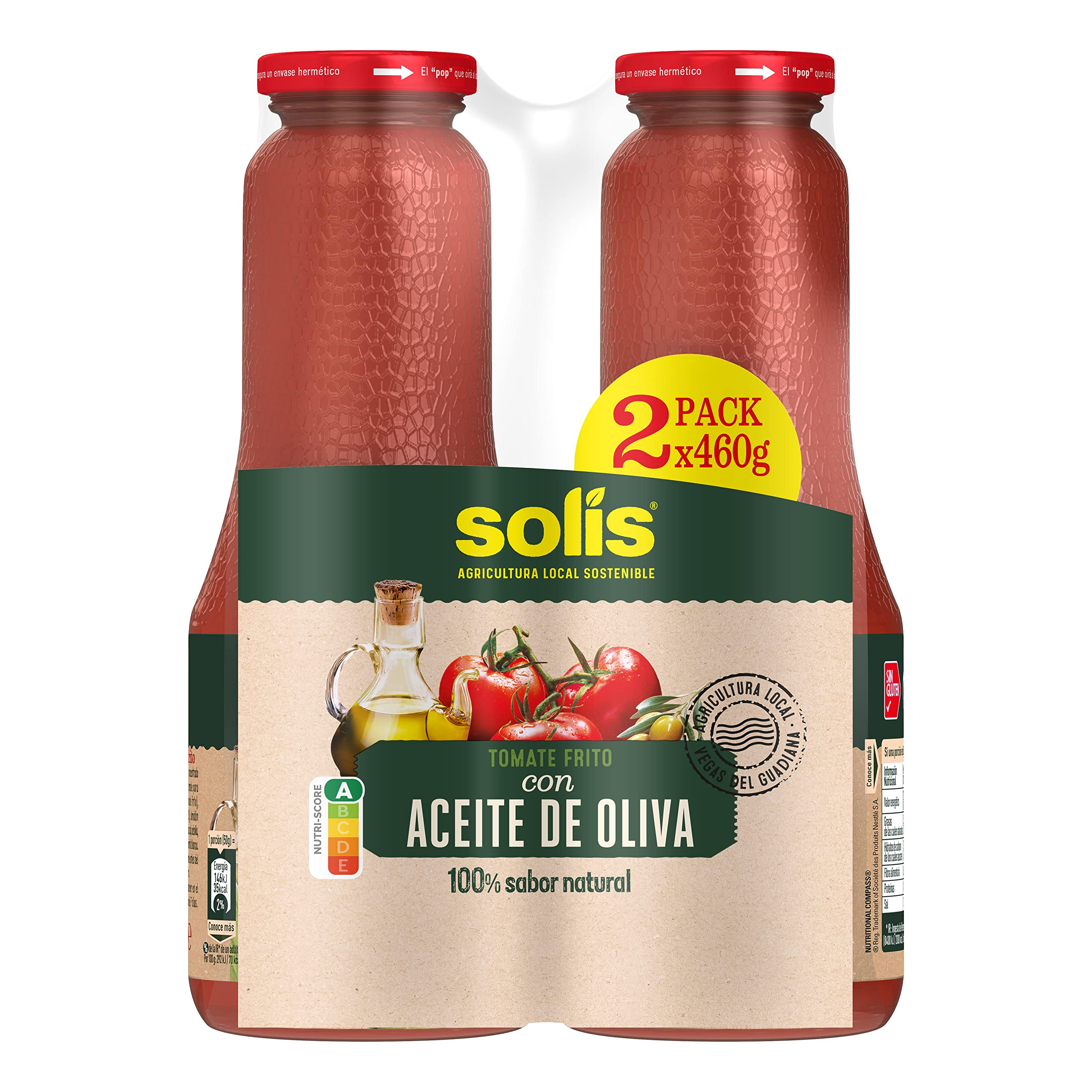 SOLÍS Tomate Frito con Aceite de Oliva Bipack Frasco Cristal- Sin Gluten - 2 x 460 g