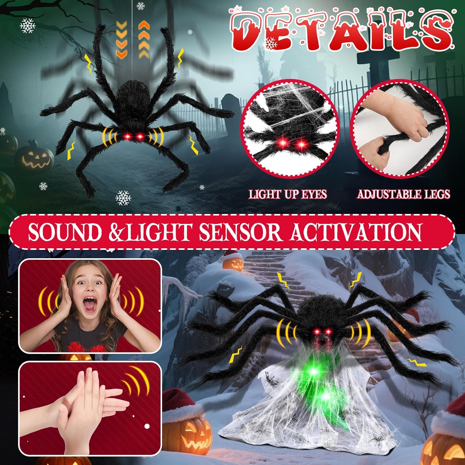 3 Pack Christmas Animated Light up Spider Web Decor Holiday Animatronic Decor with 8 Lighting for Christmas New Year Garden Yard