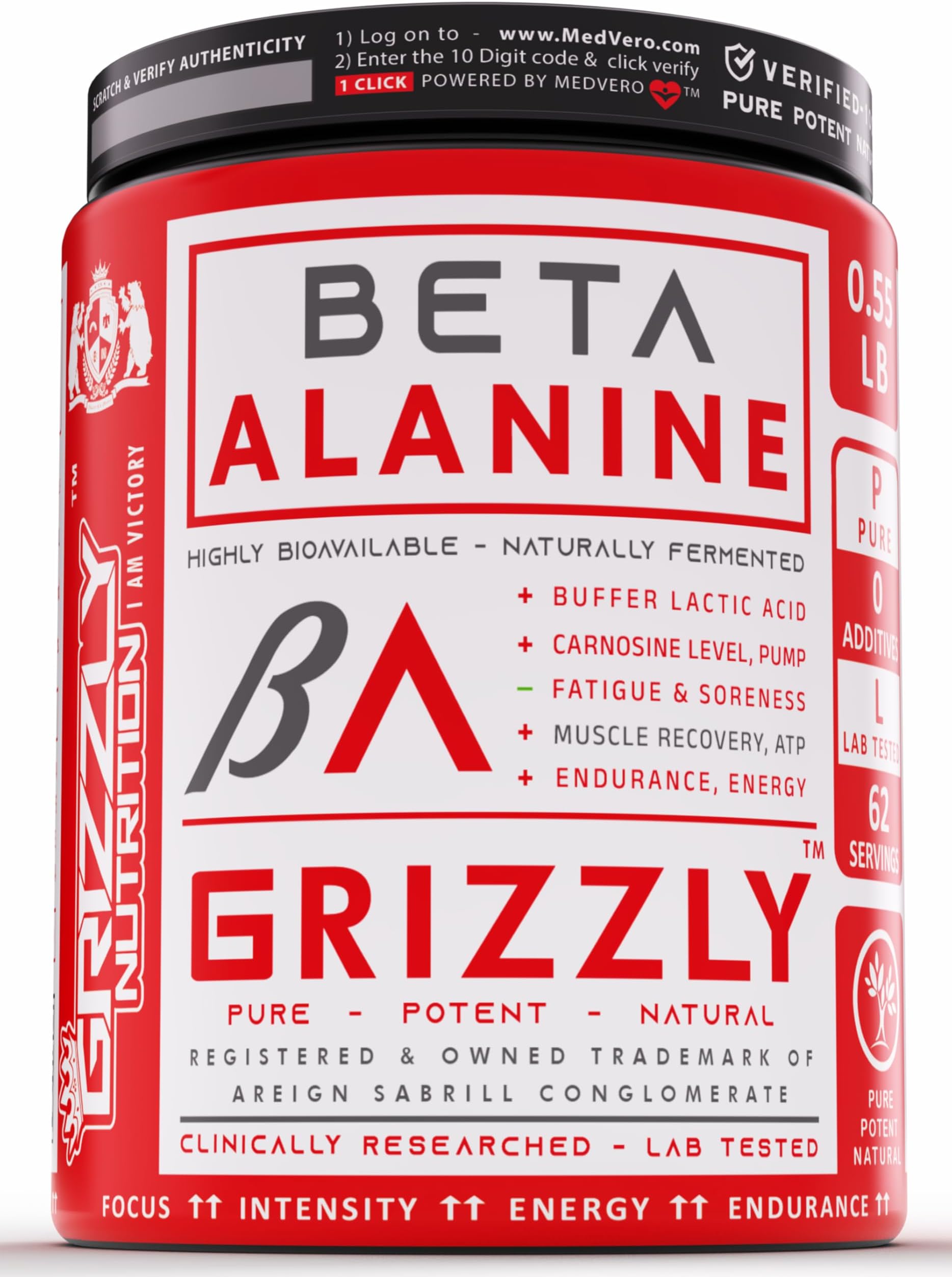 Grizzly Nutrition, Pure Beta-Alanine, no added flavor, color, sweeteners, True Athlete Ultra Professional Standard - Highly Bioavailable -Amino support, 250 grams 60 servings