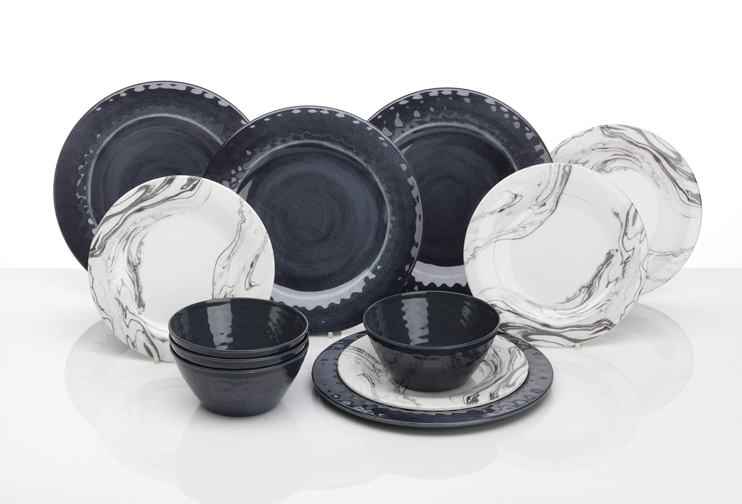 Flamefield Marble Melamin Geschirr-Set 12-TLG. Campinggeschirr Geschirr Essen Essgeschirr 4 Personen