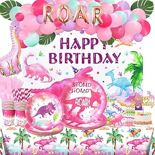 199 Pcs Dinosaur Party Supplies Girl, Hombae Pink Dinosaur Birthday Decorations Backdrop Balloon Garland Artificial Leaves Tablecloth Cake Topper Plate Napkin Cup Straw Knife Spoon Fork Pink