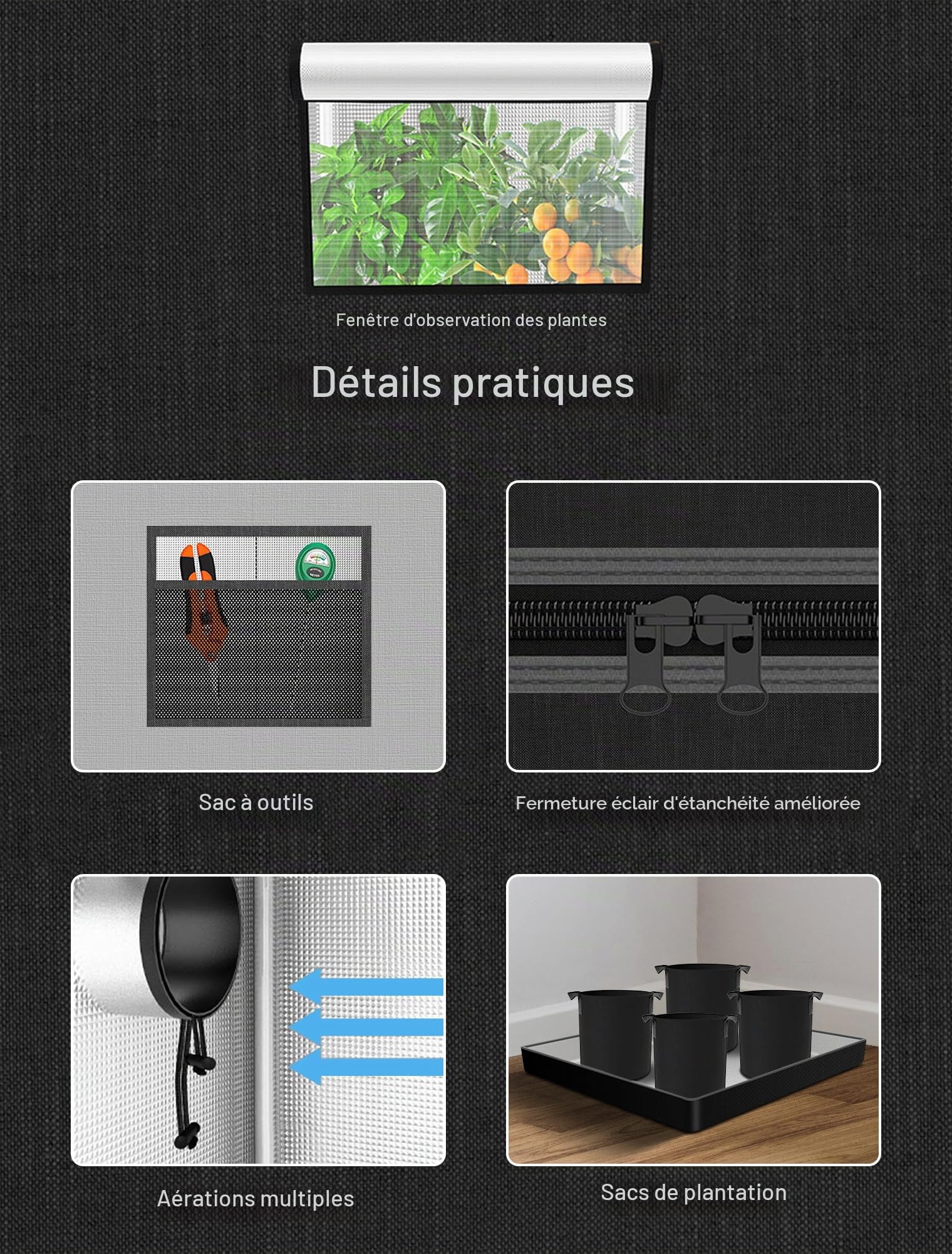 Kit Complet de Tente de Culture, boîte de Culture 60 x 120 x 180 cm, système de Tente de Culture avec Lampe de Culture LED 2 x 100 W, Ventilateur Automatique 4 Pouces, Filtre à Charbon et Ventilateur
