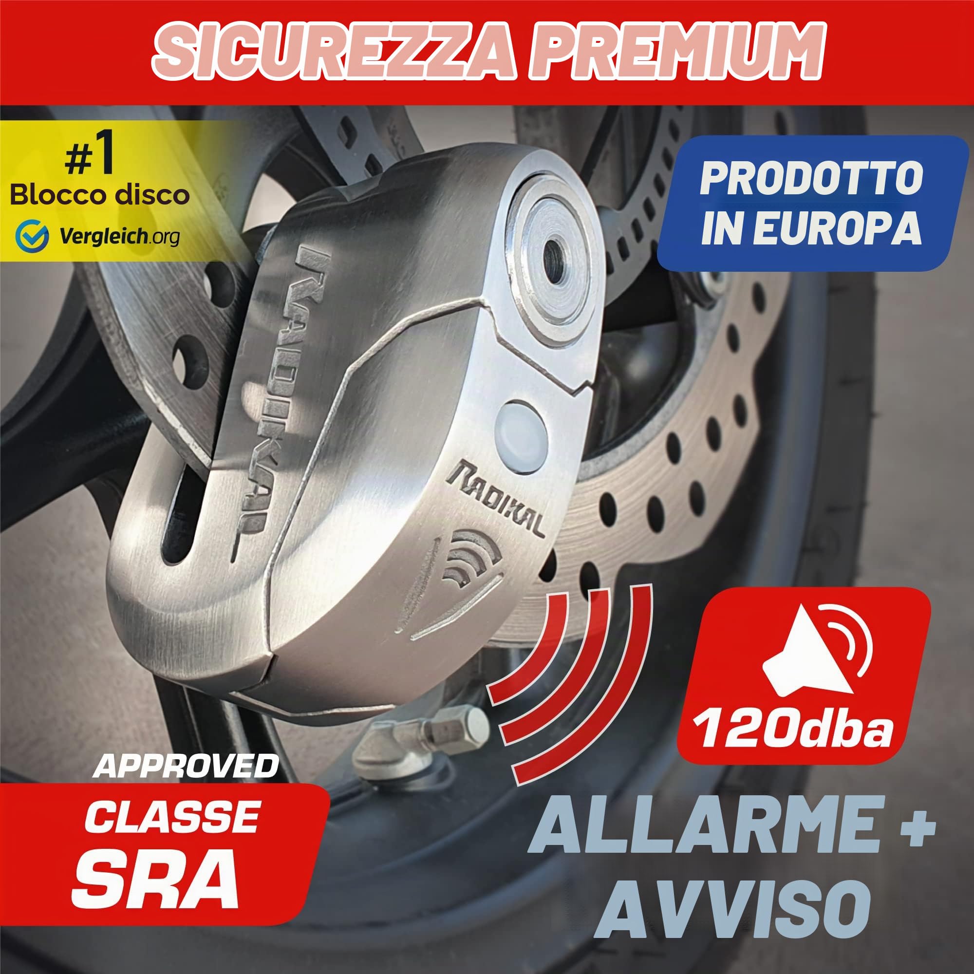 RADIKAL RK14S Lucchetto Antifurto Moto Bloccadisco Sonoro Allarme 120 Db, Warning Pre-Allarme, Omologato SRA & RK402 Supporto antifurto RK10 e RK14S per Il Fissaggio a Tubi o Viti