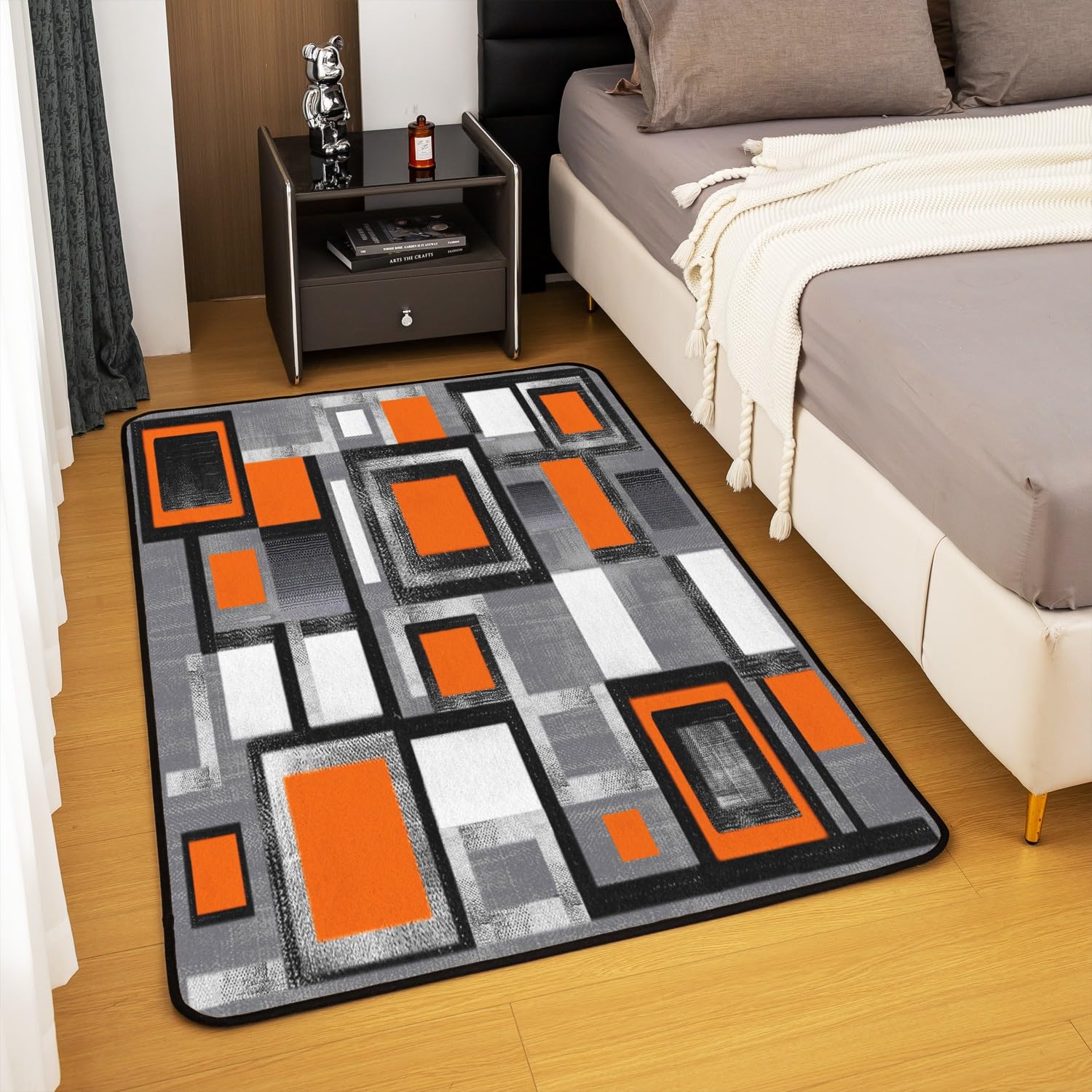 Loussiesd Geometric Living Room Rugs Area Rug 150x200cmOrange Grey Black Accent Rug for Buffalo Check Indoor Floor Mat Non-slip Modern Abstract Art Rug - Image 4