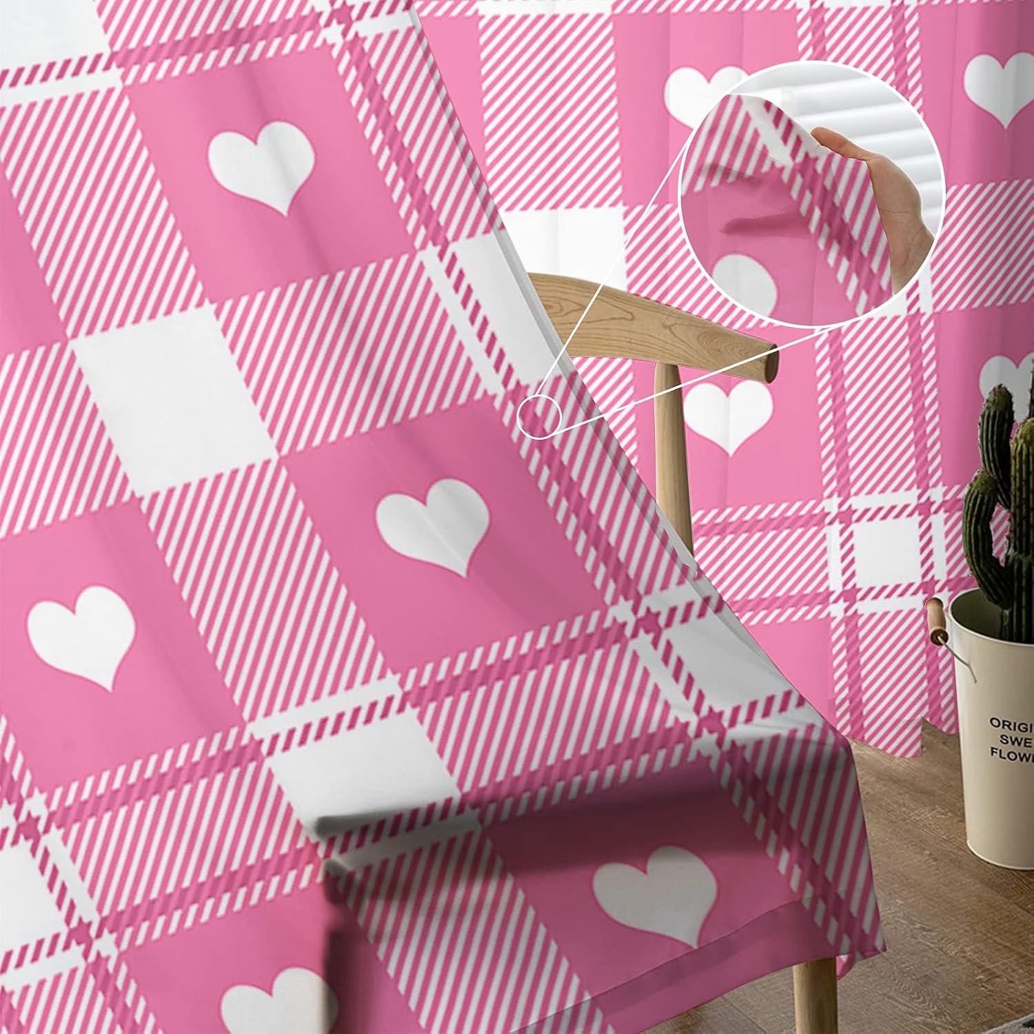 Sheer Curtains 96 Inches Long, Valentine's Day Heart Retro Light Pink Buffalo Plaid Window Treatment Panels Light Filtering Rod Pocke Curtain Voile Drapes for Bedroom/Living Room Each 52" W x 96" L