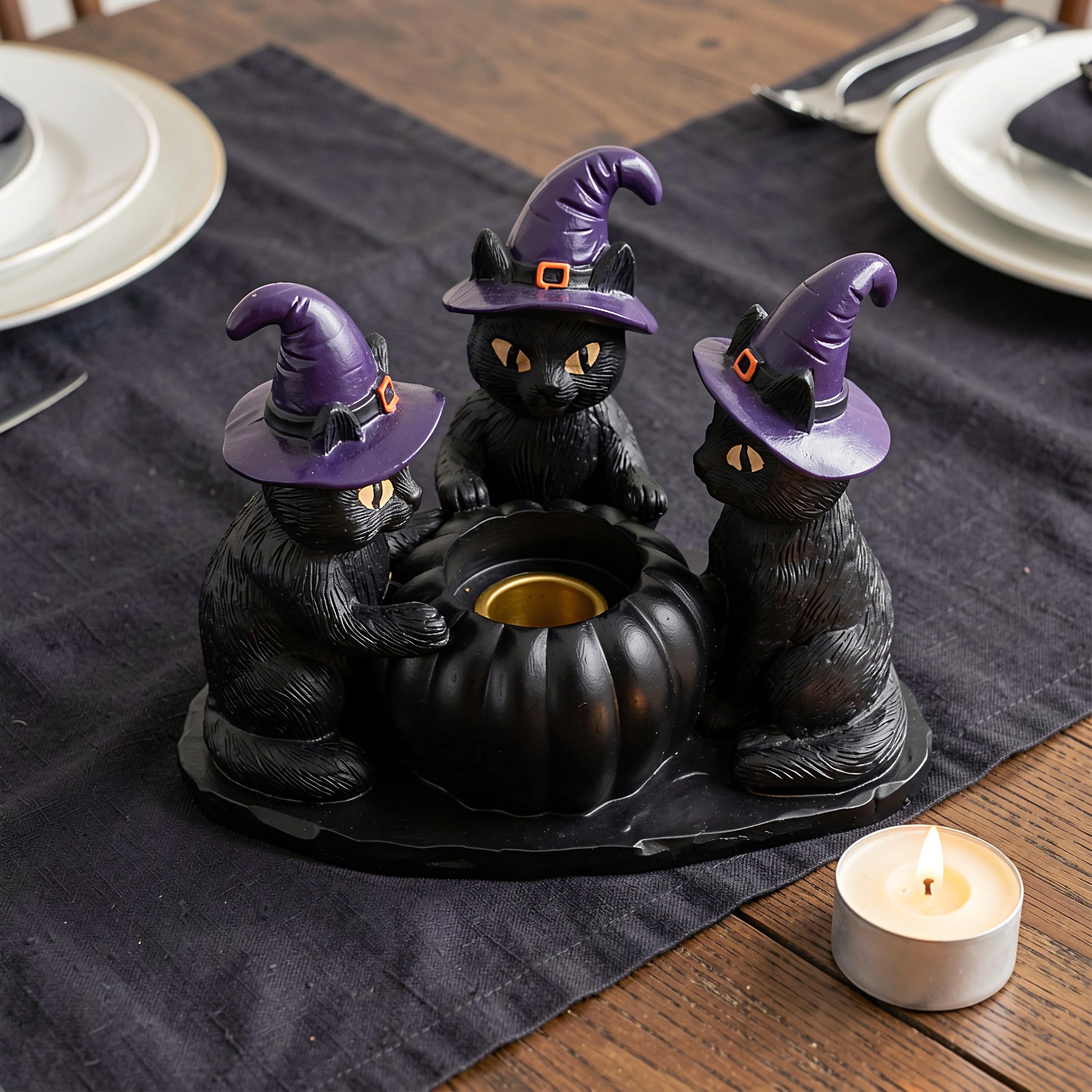 POPETPOP Portavelas de Resina con Forma de Gato Negro, Calabaza y Bruja