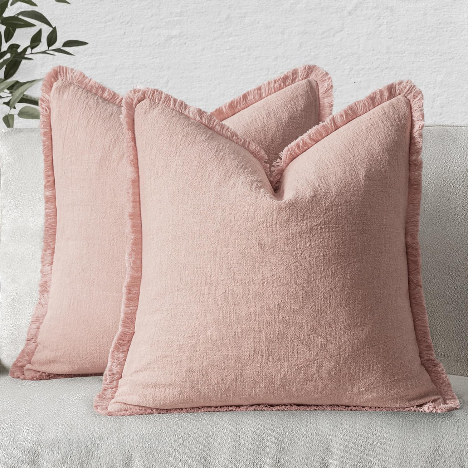 MIULEE Boho Linen Fringe Decorative Euro Throw Pillow Covers Pink 24x24