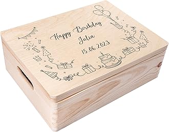 Personalized Wooden Storage Box Birthday Box | 15.8x11.8x5.5in (+-0.5) | Minimalistic Design | Hinged Lid Handles & Engraving | Birthday Gift Box | UNSANDED Keepsake Memory Souvenir