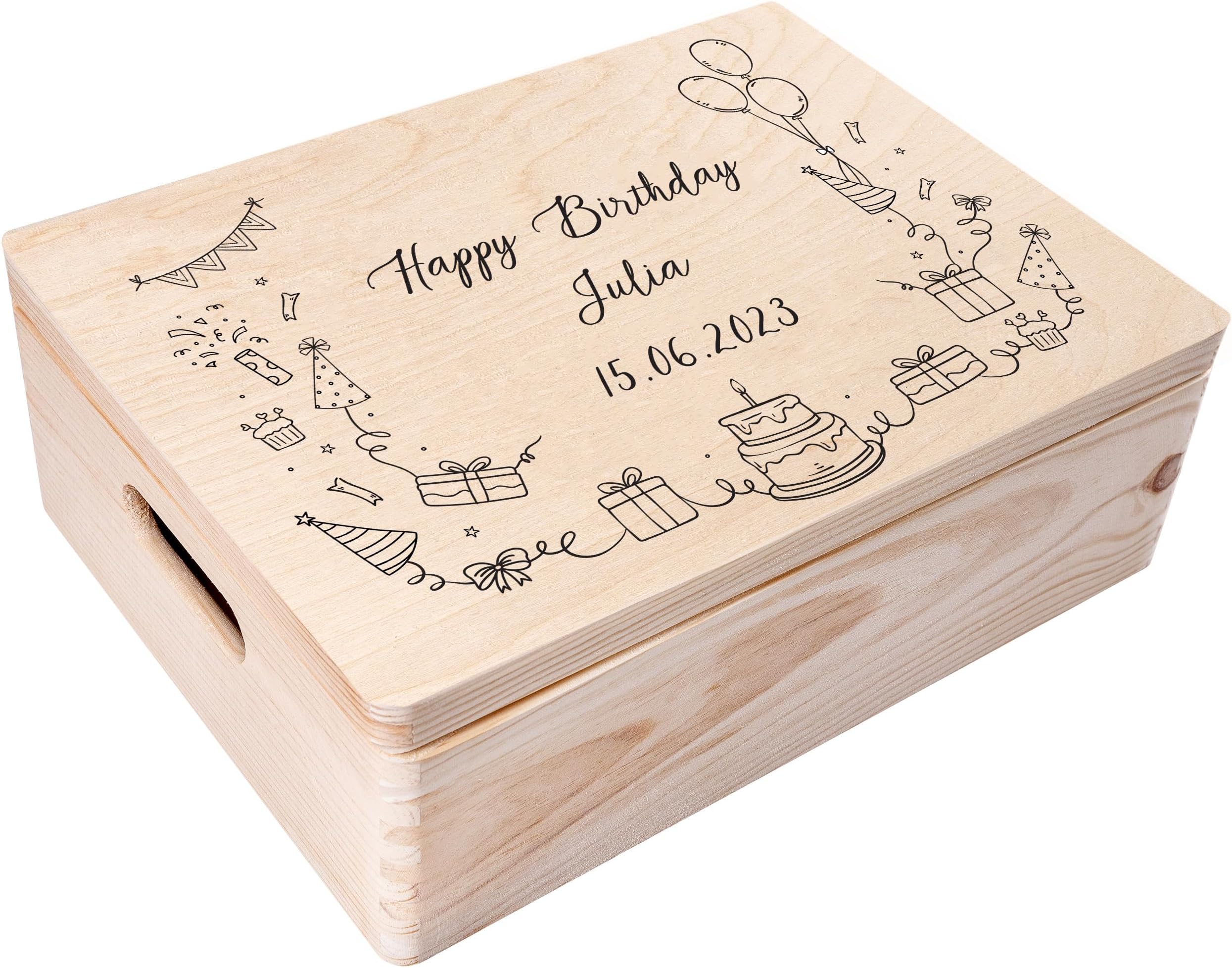 Personalized Wooden Storage Box Birthday Box | 15.8x11.8x5.5in (+-0.5) | Minimalistic Design | Hinged Lid Handles & Engraving | Birthday Gift Box | UNSANDED Keepsake Memory Souvenir