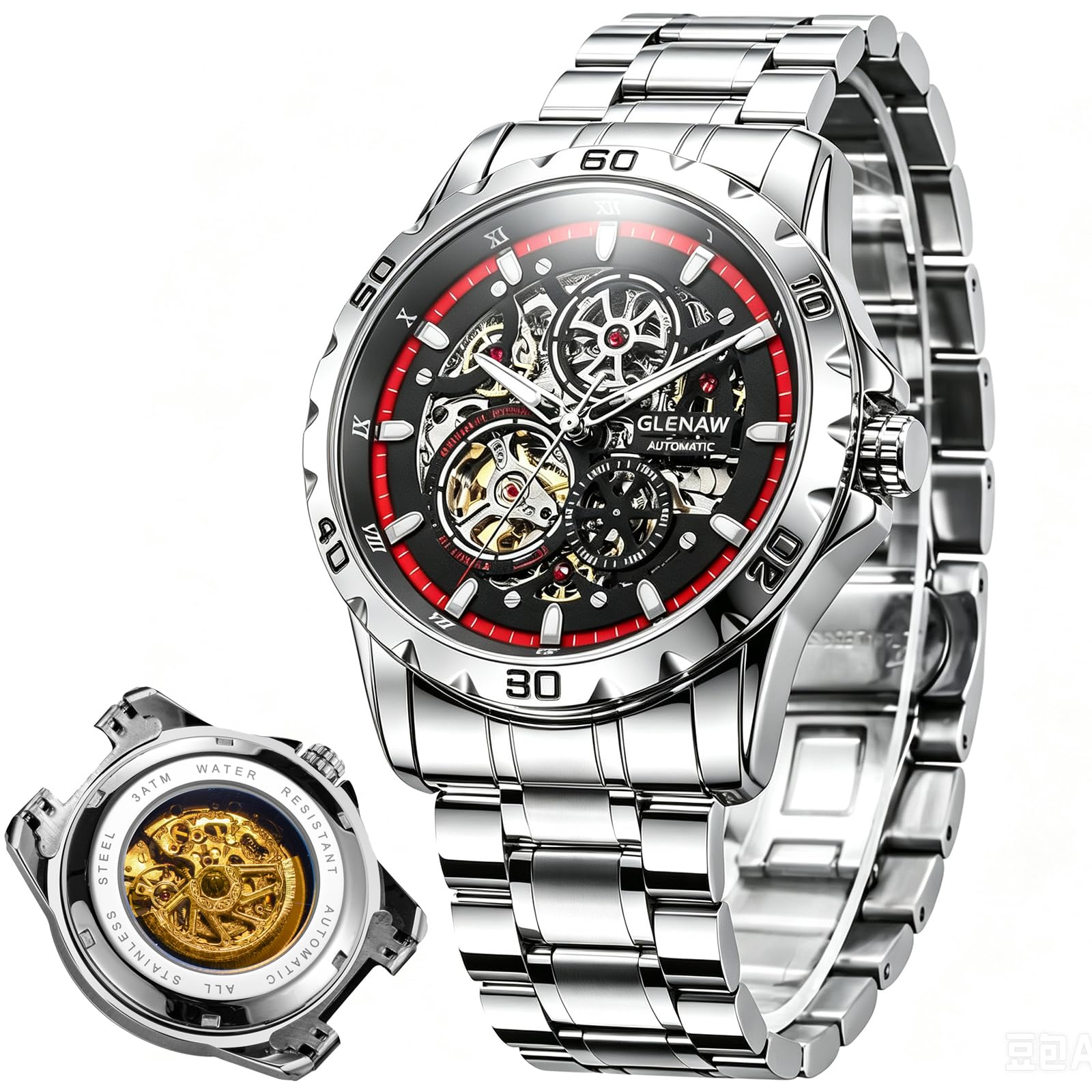 GLENAW Automatikuhren für Herren, mechanisch, selbstaufziehend, Skelett-Zifferblatt, 30 ATM wasserdicht, mit Edelstahlband, Armbanduhr – stilvolles Geschenk für Herren