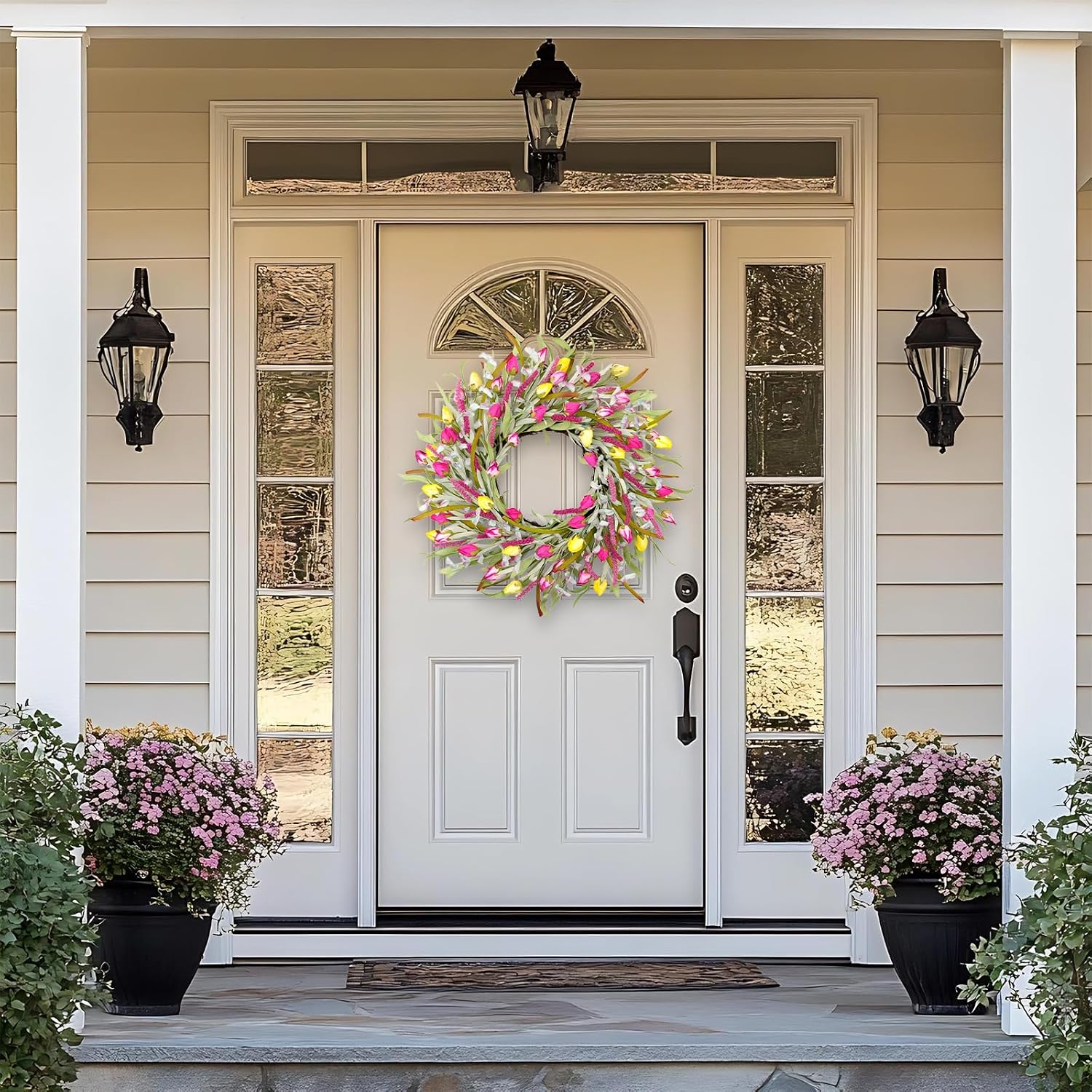 24 Inch Colorful Summer Wreaths for Front Door, Artificial Flower Wreath withYellow Pink Chinese Lantern Flowers (Physalis Alkekengi) Green Leaves, Farmhouse Door Wreath for Indoor Outdoor Home Decor