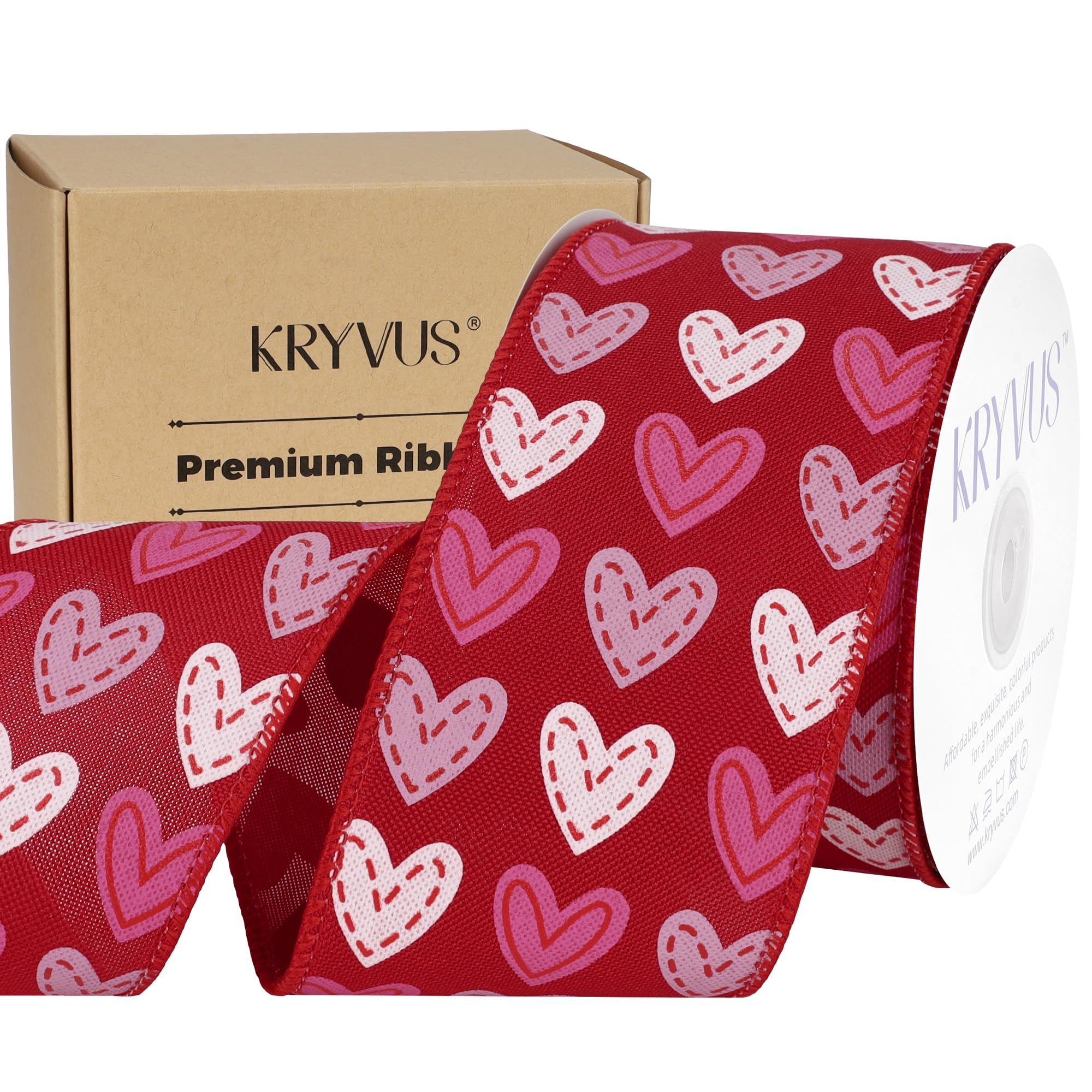 Kryvus Hearts Ribbon Wired 63mm x Continuous 9 Metres, Heart Ribbon with Wired Edge for Gift Wrapping, Valentine's Day, Wedding Decor, Party Supplies, DIY Crafts (Red/White/Hot Pink Heart)