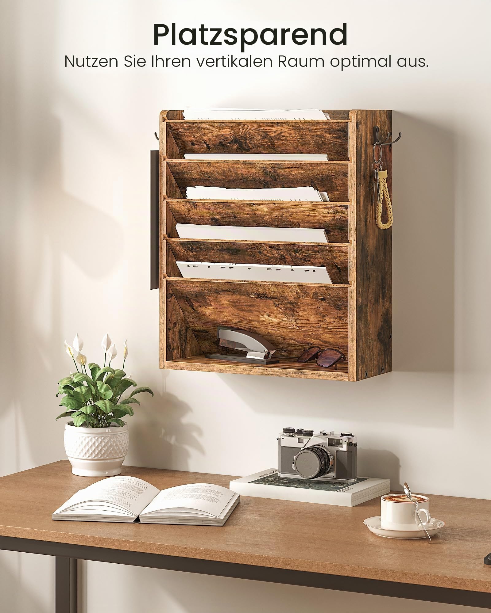CHOEZON Zeitungshalter Wand, Wandorganizer aus Holzwerkstoff, Wandmontierter Ordner-Organisator, 6-stufiges Dokumentenregal, mit 2 Haken, für das Home Office, Rustikales Braun DMWJ01FG