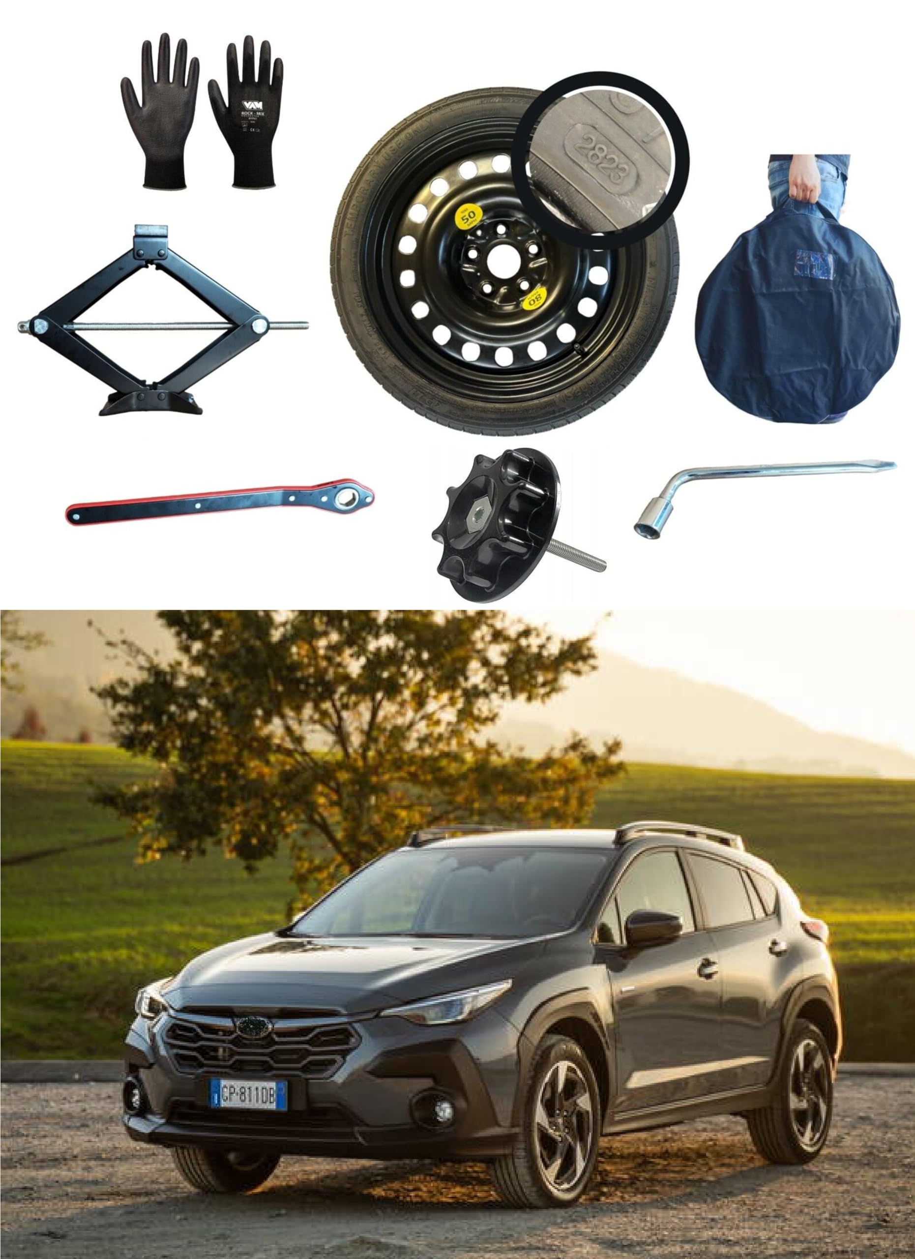 Kit de Rueda de Repuesto 18" compatible con Subaru Crosstrek 2023> con Gata, Llave, Guantes, Tornillo y Funda145/80R18