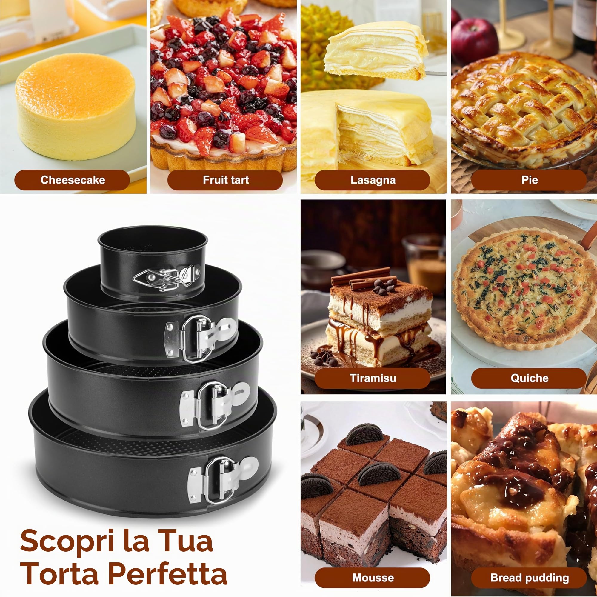 Tortiera Rimovibile 4 Pezzi Ø 11/18/23/26 cm,Professionale Teglia da Forno Rotonda Springform con Rivestimento Antiaderente Torte in Acciaio al Carbonio Cake Pan per Pane e Formaggio