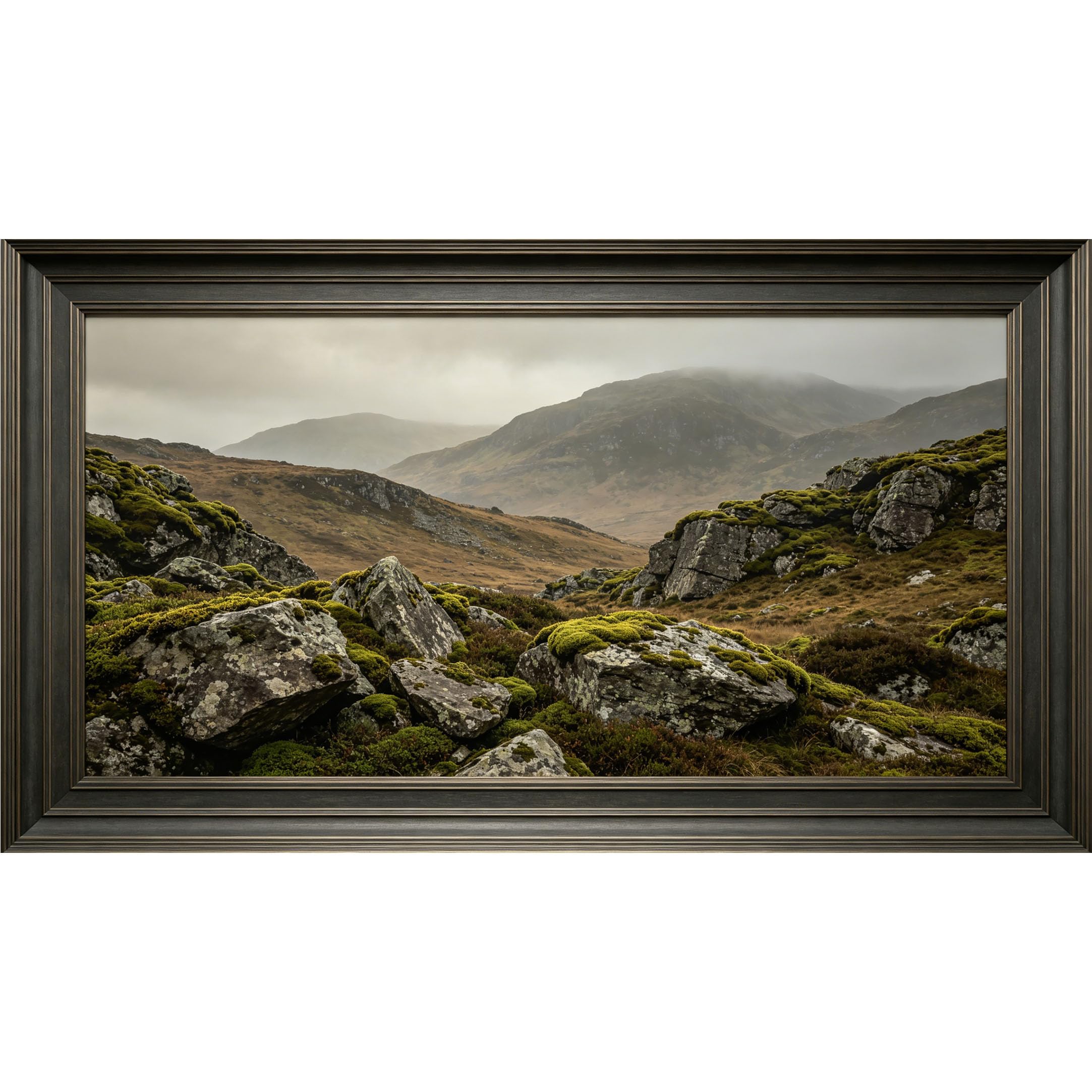 QZLITHOTIC 50×90cm3D Framed Wall Art， Misty Highland Mountain Landscape Mossy Stone Mural， WaterActivated Peel & Stick Fabric Decor Wall Decal for Bedroom Living Room
