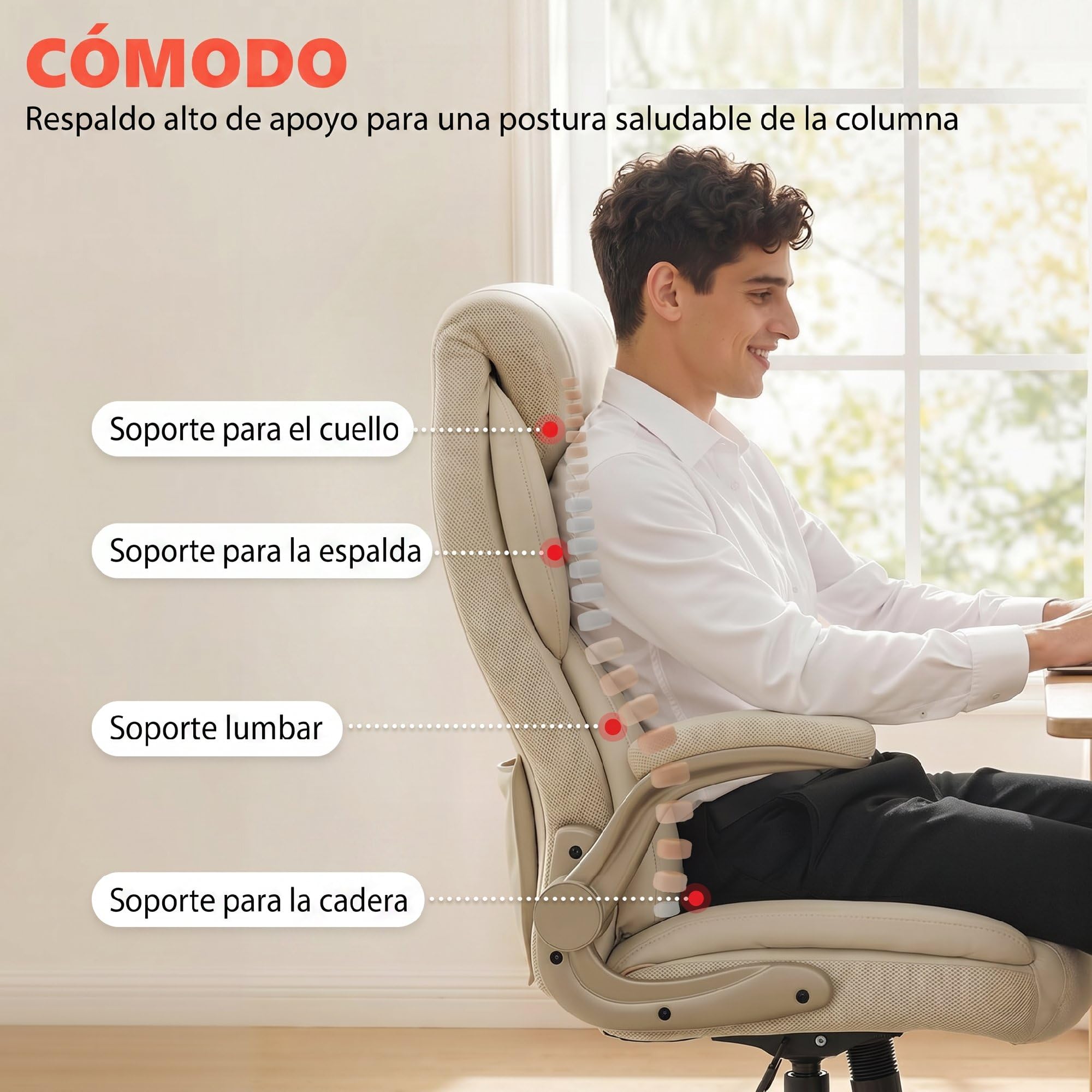 HOMCOM Silla de Oficina con Masaje Vibratorio de 4 Puntos Giratoria Crema | Silla de Escritorio, Calor Lumbar, de PU, Brazos Abatibles, Respaldo Alto, Altura Ajustable, Función de Basculante