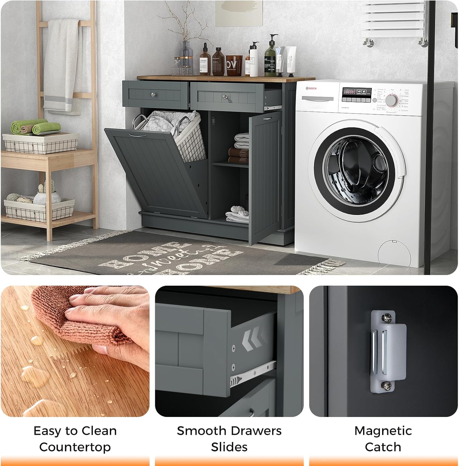 Tilt Out Trash Cabinet, Kitchen Island with 2 Drawers & Adjustable Shelf, Rubber Wood Countertop, Freestanding Laundry Hamper, Recycle Bins Pet Proof Garbage Can Holder (Gray)