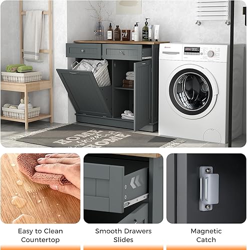 Miniatura 14 de Armario de basura inclinable, isla de cocina con 2 cajones y estante ajustable, encimera de madera de goma, cesta de lavandería independiente,