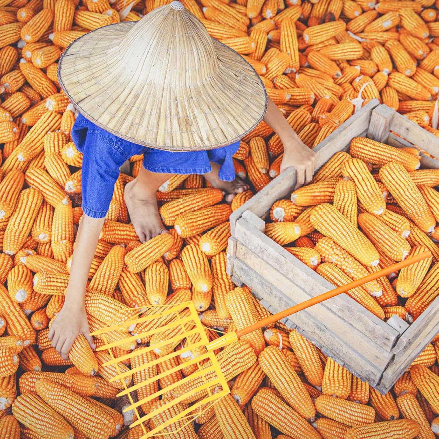 Multi-Function Corn Shovel Maize Grain Spade Farm Tool for Harvesting and Collecting Thickened Yellow Metal Handheld Shovel for Gardening and Agricultural Use