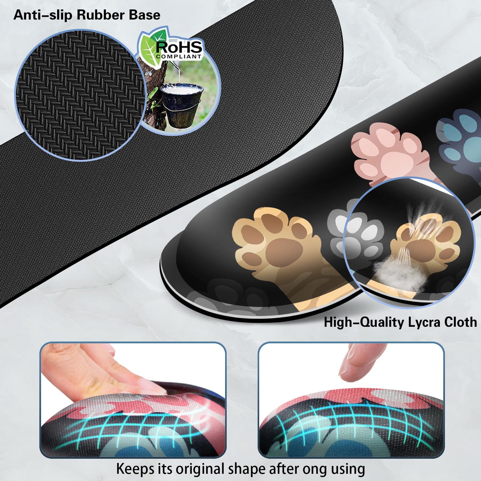 Canjoy Set di tappetino per mouse 4 in 1 XXL con motivo a zampe di gatto, tappetino per mouse grande + supporto per tastiera e poggiapolsi + sottobicchiere, tappetino da scrivania esteso in memory
