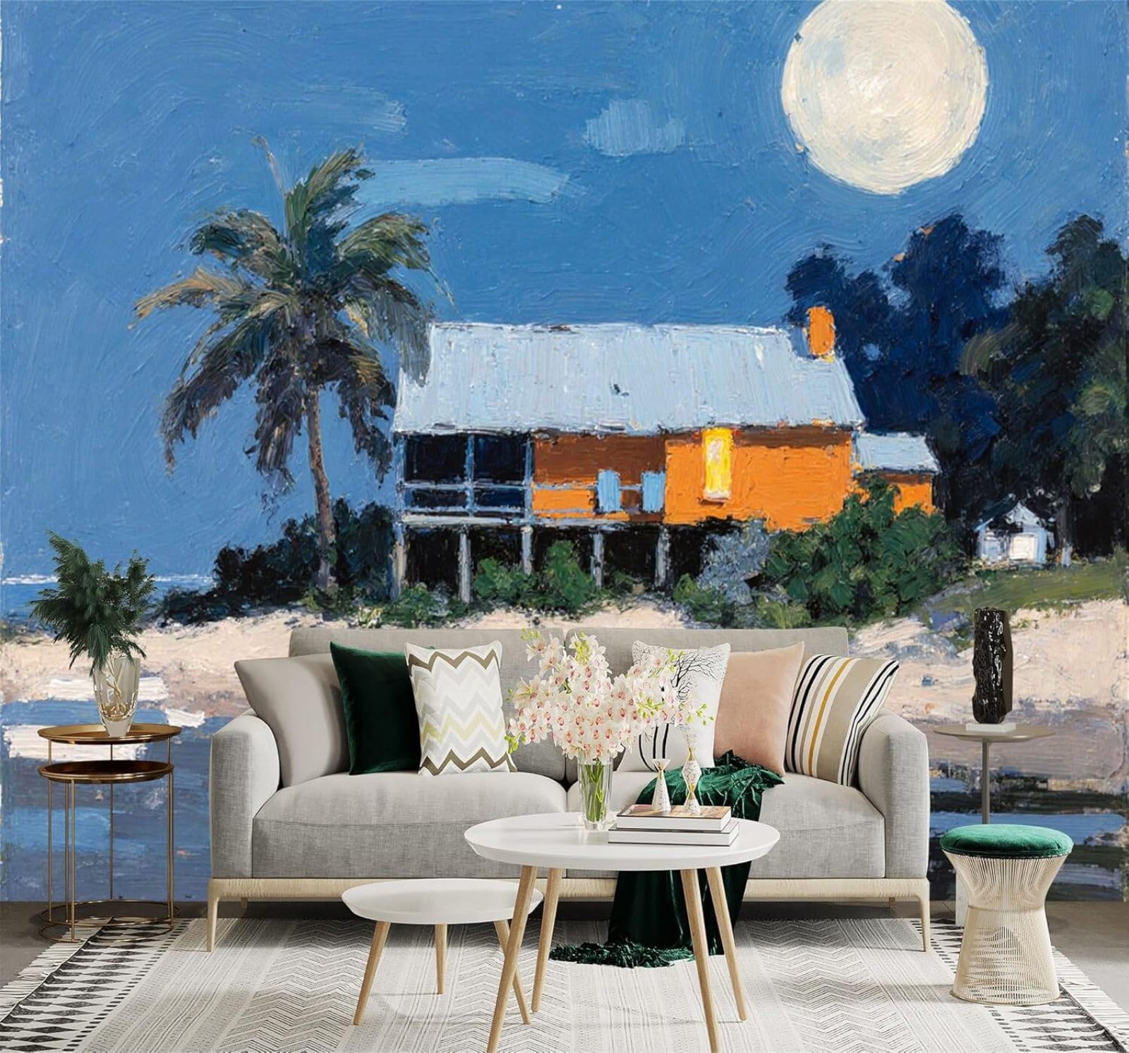 XLMING Palm Trees Beach Villa Moonlit Night Coastline 3D Wallpaper Silky Texture Home Study Office Grey Dining Room Sofa Bedroom Living Room TV Backdrop-400cm×280cm
