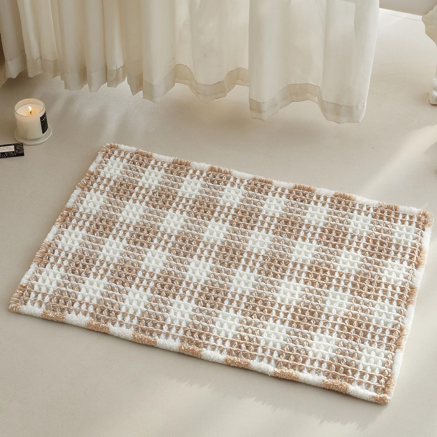 TYUU Waffle Bath Mat, Boho Bathroom Rugs Non Slip, 30x20 Khaki &amp; White