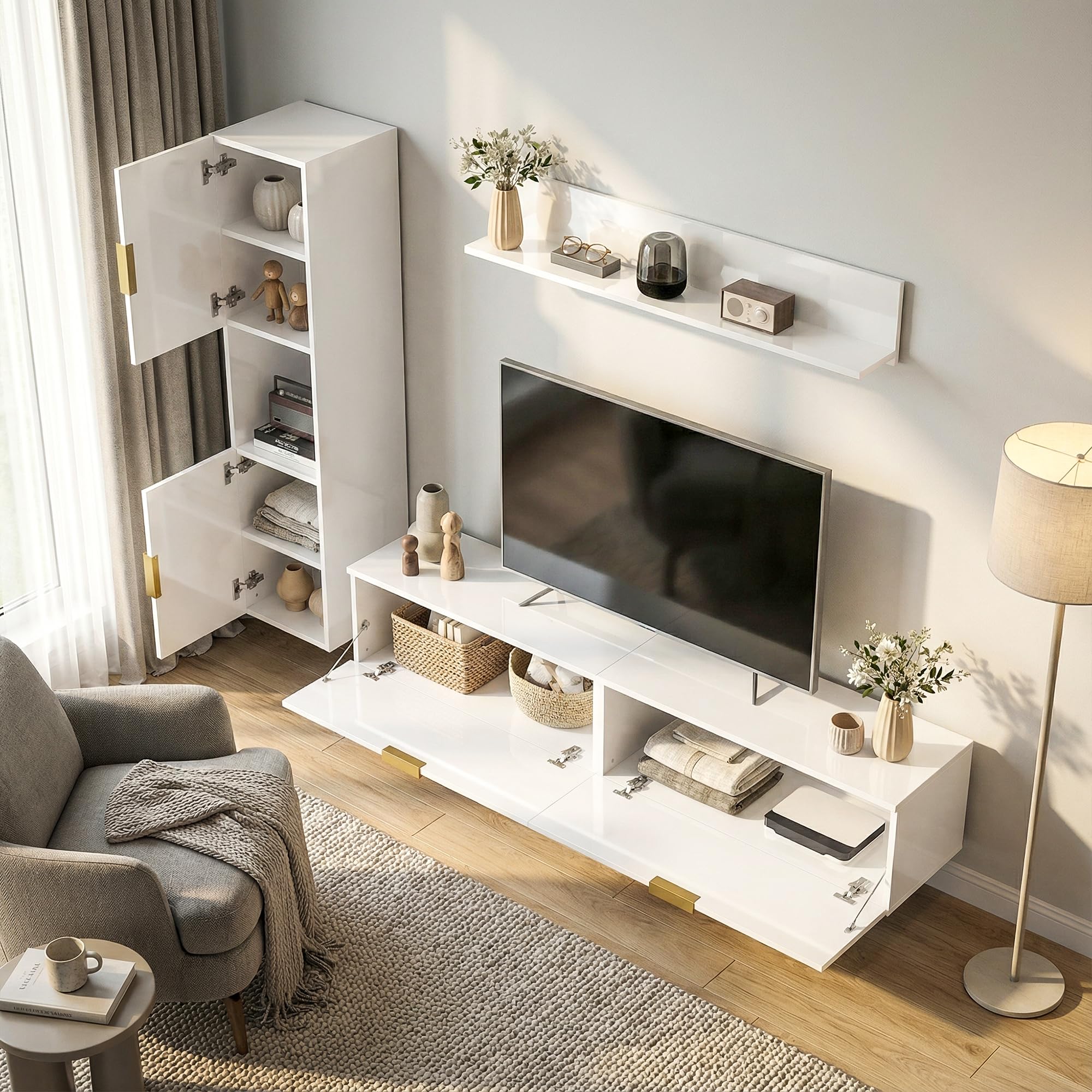 HOMCOM Meuble Mural pour Salon avec étagère Murale et Armoire de Rangement, Ensemble TV 3 pièces, Meuble TV avec Portes battantes, pour téléviseurs jusqu'à 55 Pouces, Blanc Brillant