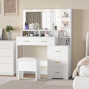 Garvee Vanity Desk with Mirror and Adjustable Light Bulbs, Makeup Table with 3 Open Shelves and 4 Storage Drawers, Dressing Table Set with Upholstered Stool and 3 Color Modes for Women, Bedroom, White