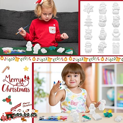 Miniatura 4 de Leyndo Juego de 12 piezas de cerámica de Navidad para pintar, pintar tus propias figuras, Papá Noel, muñeco de nieve, árbol de Navidad,