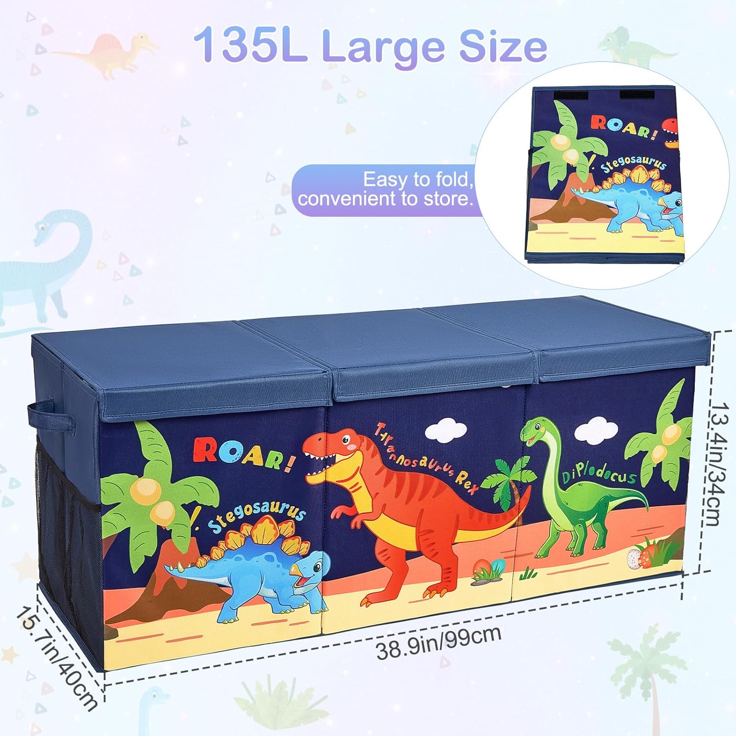 Unicorn Castle Toy Box with Adjustable Divider Toy Chest Storage Large Toy Storage Organizer Bin Collapsible with Lid Pockets for Nursery Playroom,Dark Blue Dinosaur