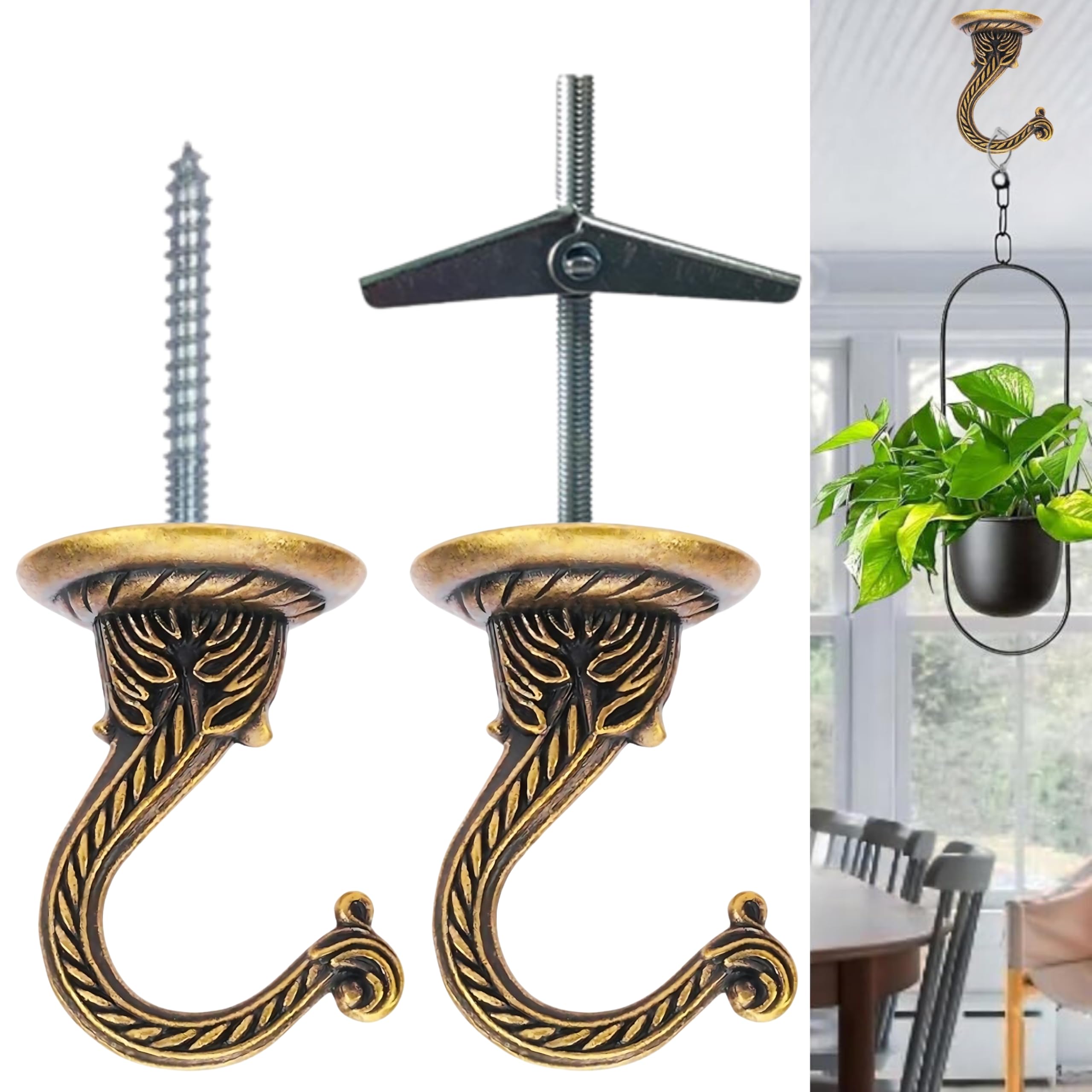 Indian Discovery Antique Metal Wall Ceiling Brackets for Hanging Plants, Planters, Hanging Bell, Diyas, Lamps, Lanterns, Windchimes, Birdcages (Antique Brass :Set of 8 )