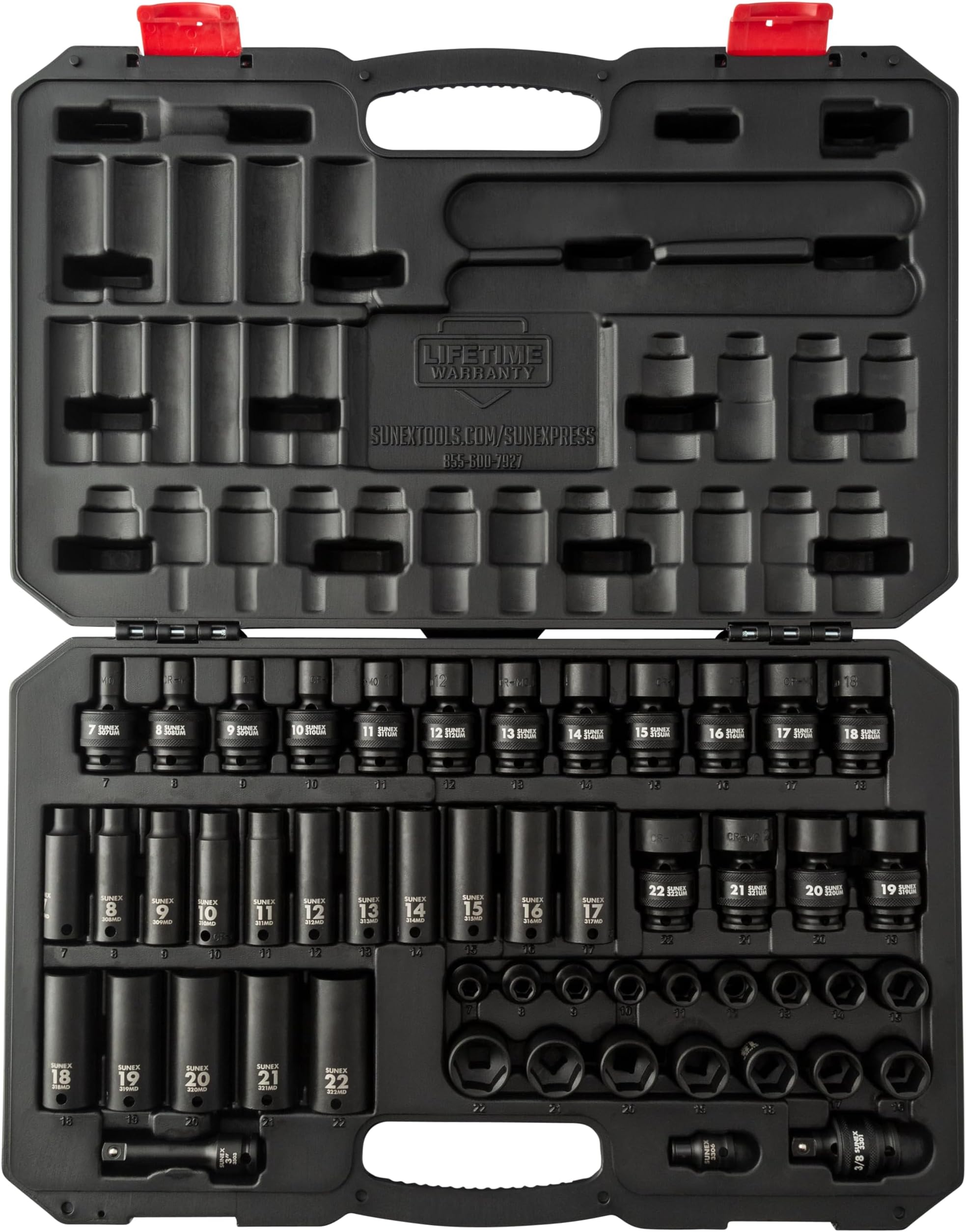 Sunex 3351, 3/8 Inch Drive Impact Socket Set, 51-Piece, Metric, 7mm - 22mm, Standard/Deep/Universal, Cr-Mo Steel, Radius Corner Design, Heavy Duty Storage Case, Meets ANSI Standards
