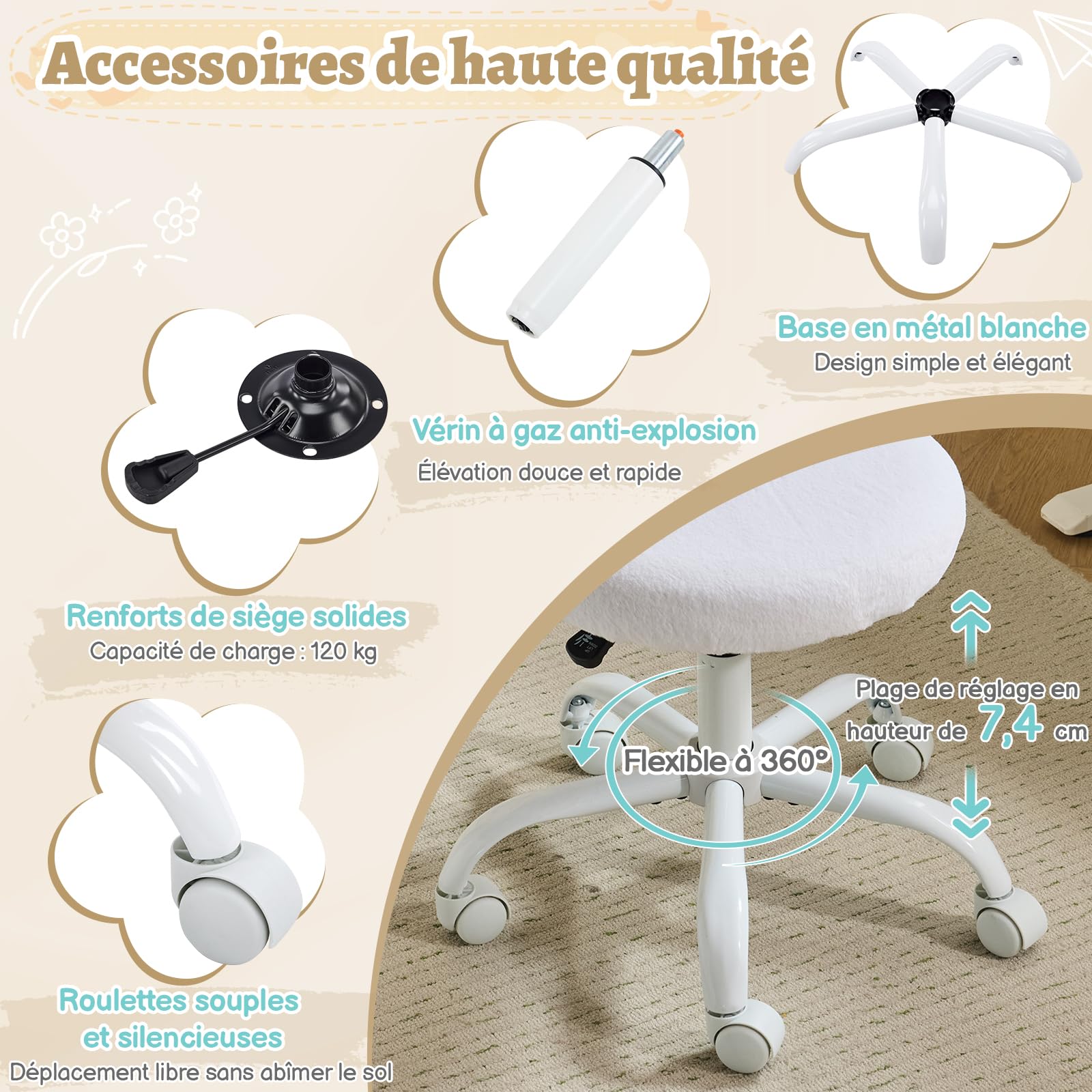 Bonnlo Chaise de Bureau Esthétique sans Accoudoirs, Petite Chaise Confortable, Fauteuil de Coiffeuse avec Support Lombaire, Chaise Pivotante pour Bureau, Chambre, en Fourrure de Lapin (Blanc)
