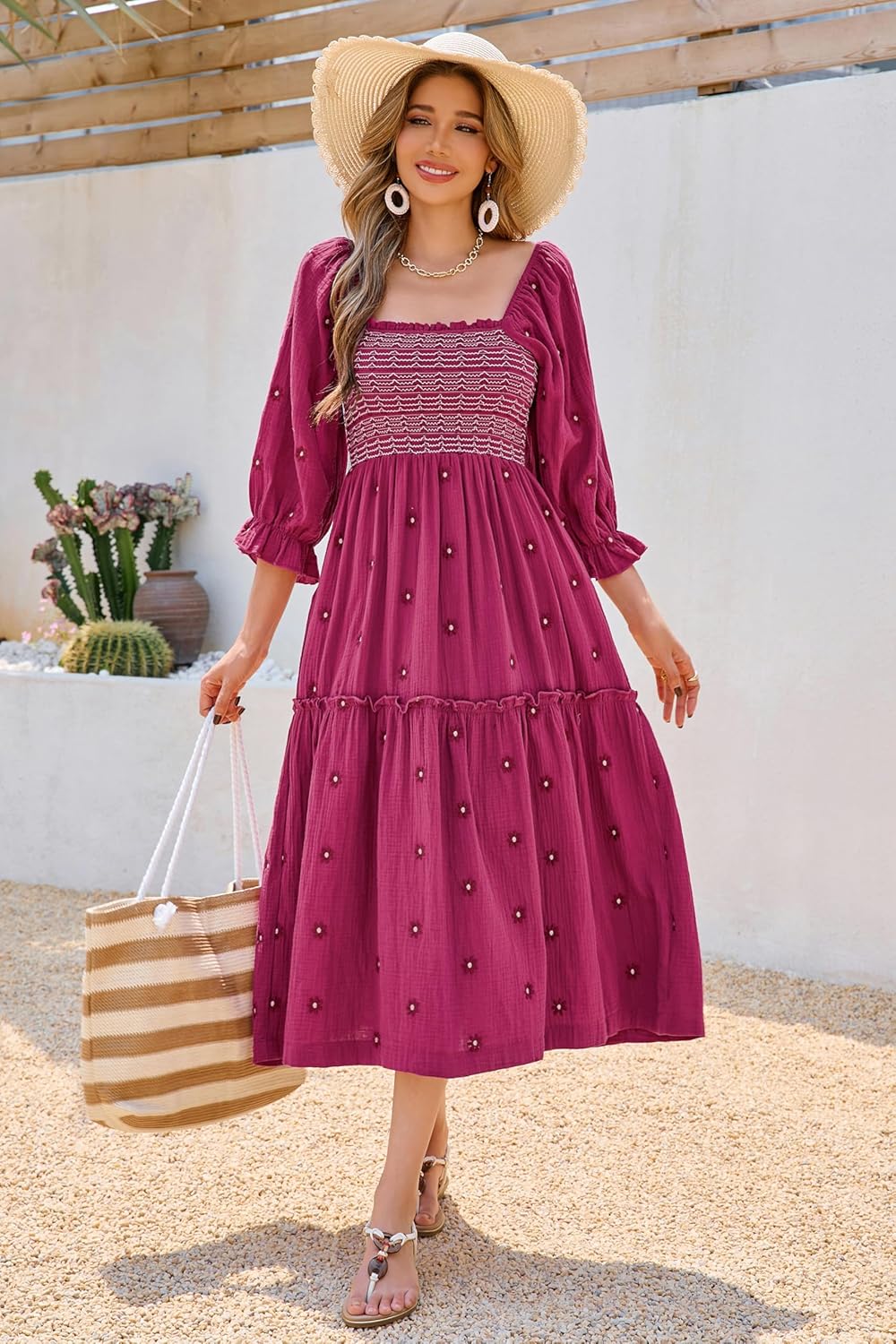 R.Vivimos Women's Long Sleeve Cotton Boho Midi Dress Vintage Square Neck Floral Embroidered Tiered Ruffle Flowy Pockets Dress - Image 3