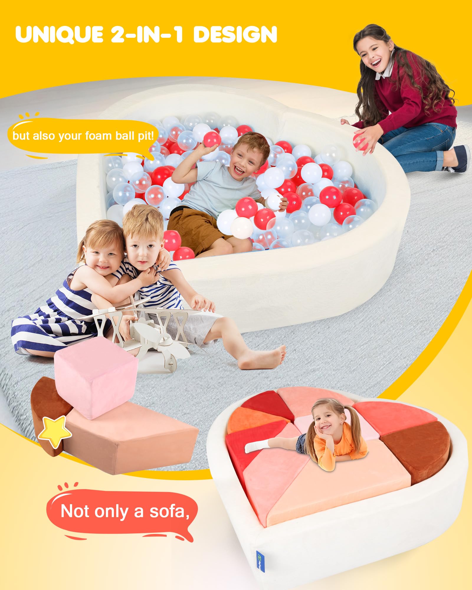 Heypappy Canapé Modulaire pour Enfants,2-en-1 Forme Cœur avec Piscine à Balles Unique - Canapé Enfant de Jeu Tangram pour Salle de Jeux - Inspire la Créativité