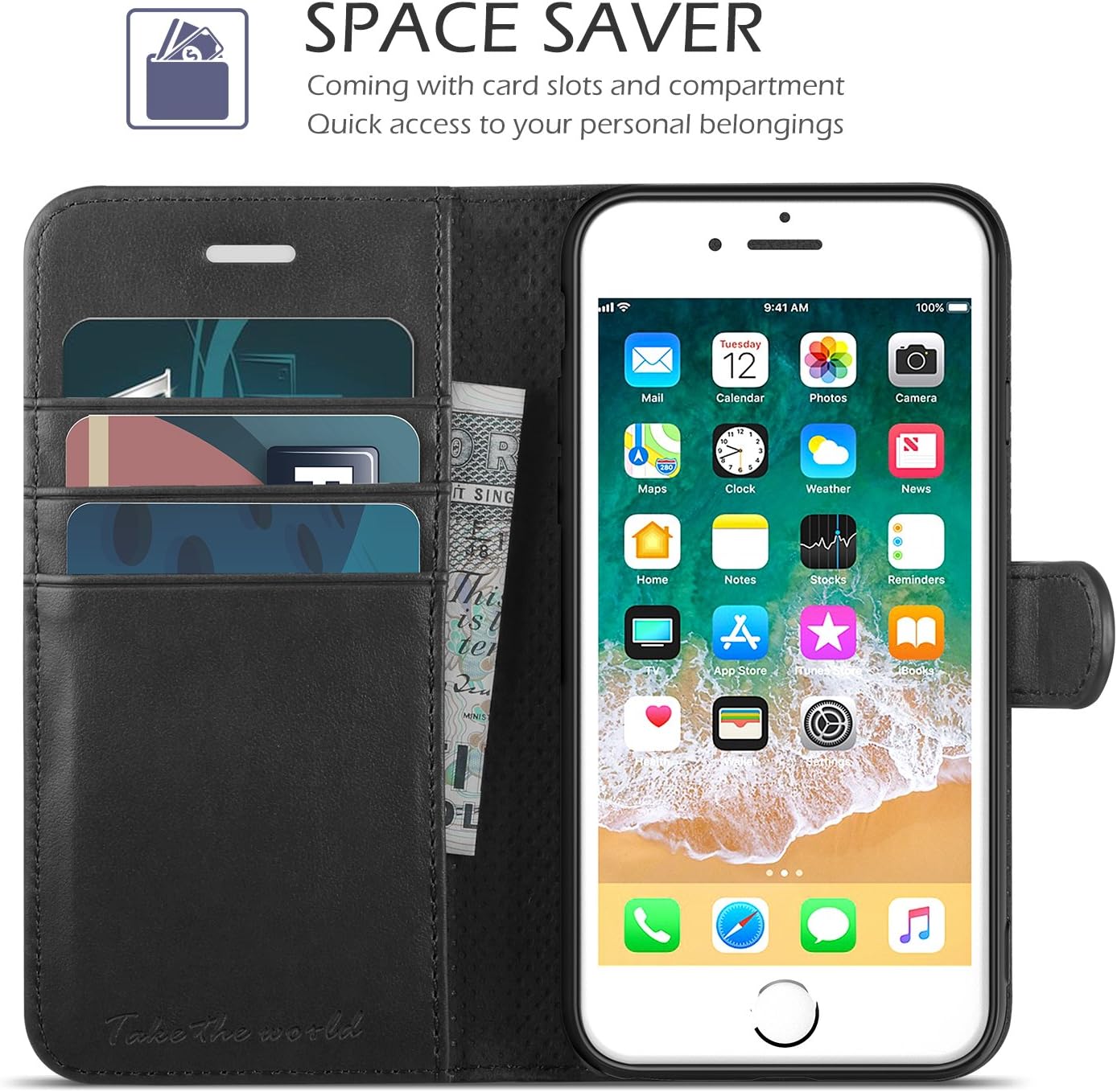 TUCCH iPhone 6s Case, iPhone 6 Wallet Case, Premium PU Leather Flip Folio Card Slot, Stand Holder, Magnetic Closure, [TPU Shockproof Interior Protective Case] Compatible with iPhone 6s/6, Black