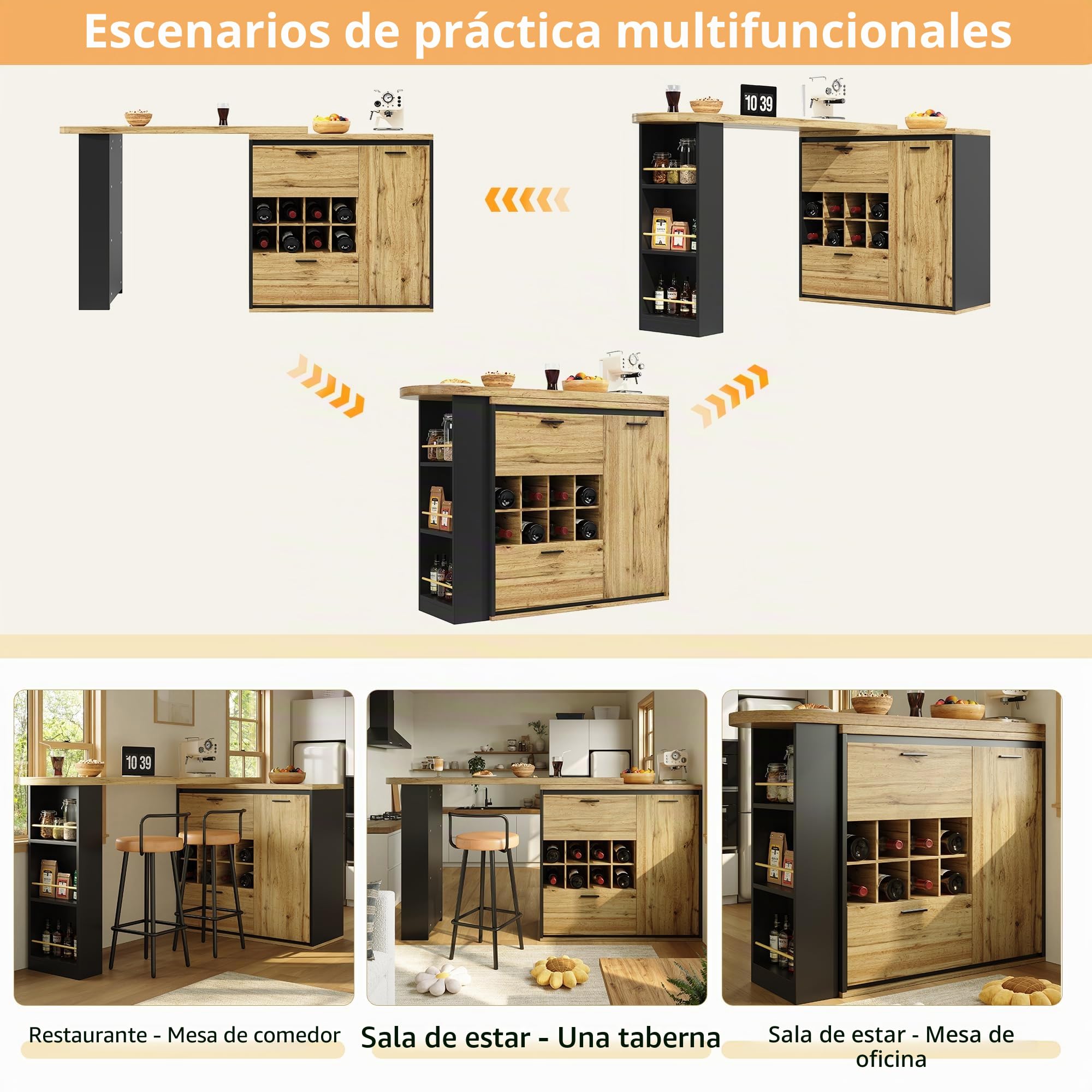 Table de bar extensible avec 2 tiroirs, étagère à vin et étagères ouvertes de rangement séparées pour cuisine, salle à manger, bureau à domicile, design élégant et fonctionnel