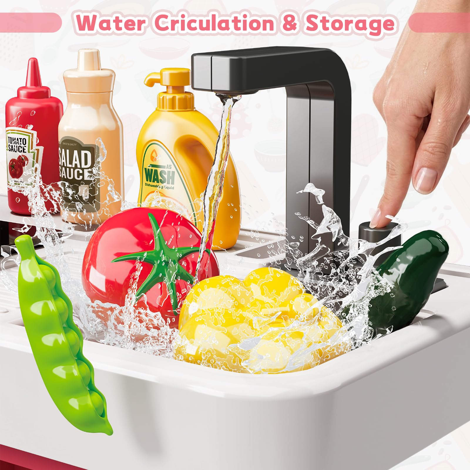 deAO Cucina Giocattolo per Bambini, 69 Pezzi con Luci, Suoni Cottura, Effetto Fiamma, Funzione Acqua con Vaporizzatore e Rubinetto, Fornello e Forno – Regalo 3+ anni(rosso)