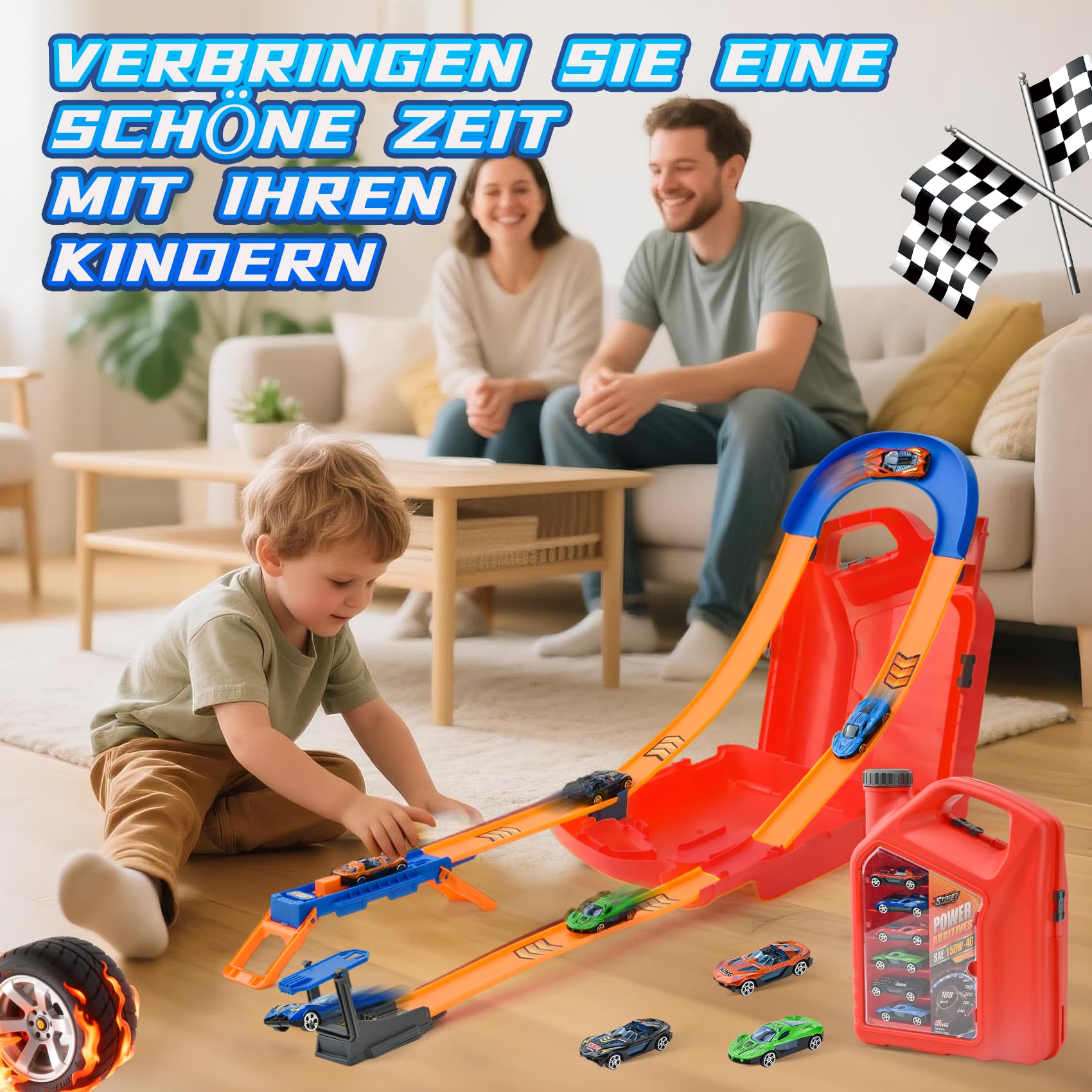 Pista de Coches para Niños,Juguete Pistas Portátil con 6 Vehículos+Circuito con Giro Vertical y U-Track,2 en 1 Portátil,Track Builder Caja Lata de Gasolina,Juguete Niños 3-8 Años (Rojo)