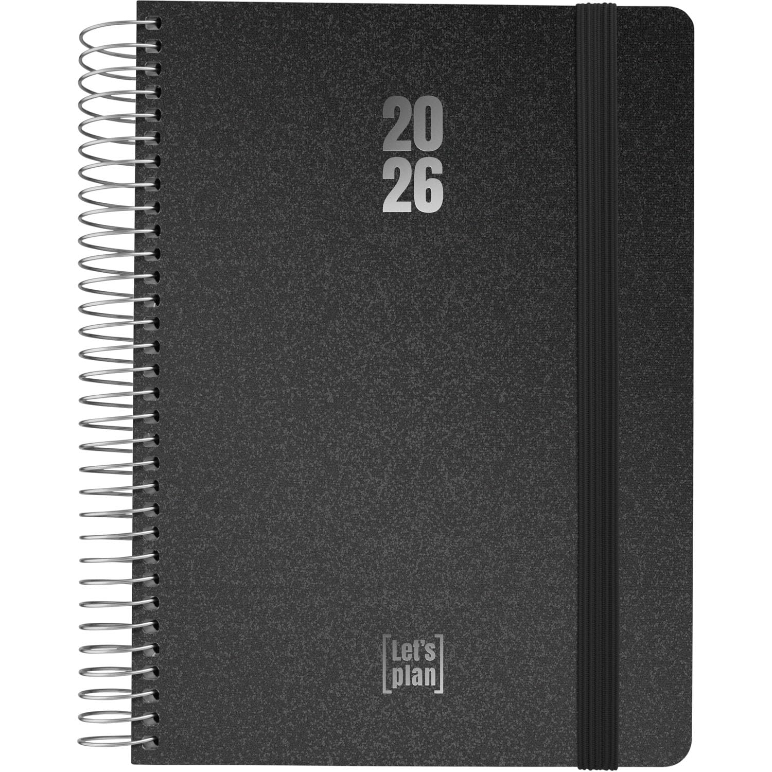 Grafoplas - 2026 Dia per Page, Metallic Black, Size 15x21cm, Spanish, Spiral, Hardcover Lined Metallic Fabric, Rubber Closure, Rounded Corners, Includes Stickers, FSC