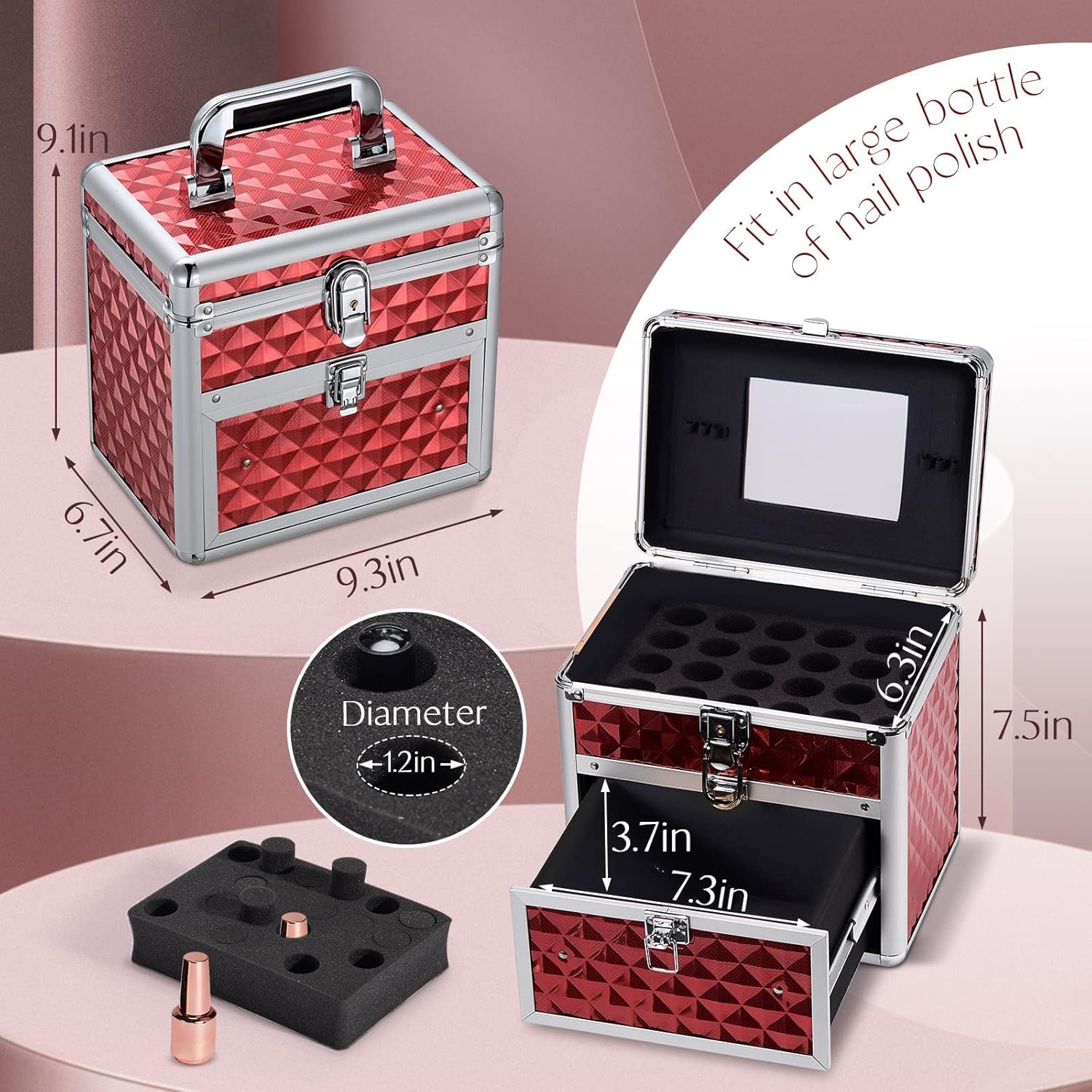 Frenessa Nail Polish Makeup Train Case with Drawer and Dividers Manicure Organizer Accessory Storage Makeup Box With Mirror Lockable Keys Cosmetic Case Jewelry Box - Red : Beauty & Personal Care