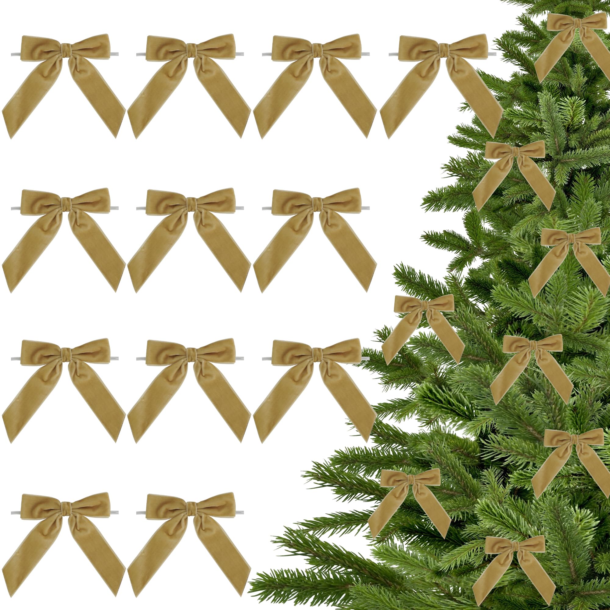 LiBongTa 3.5" Khaki Pre Tied Bows Velvet Ribbon Bows, Gift Bows for Presents, Ribbon Bows with Twist Ties for Wreaths, Christmas Tree, Treat Bags, Party Favor, Christmas Package Bows-12 Counts