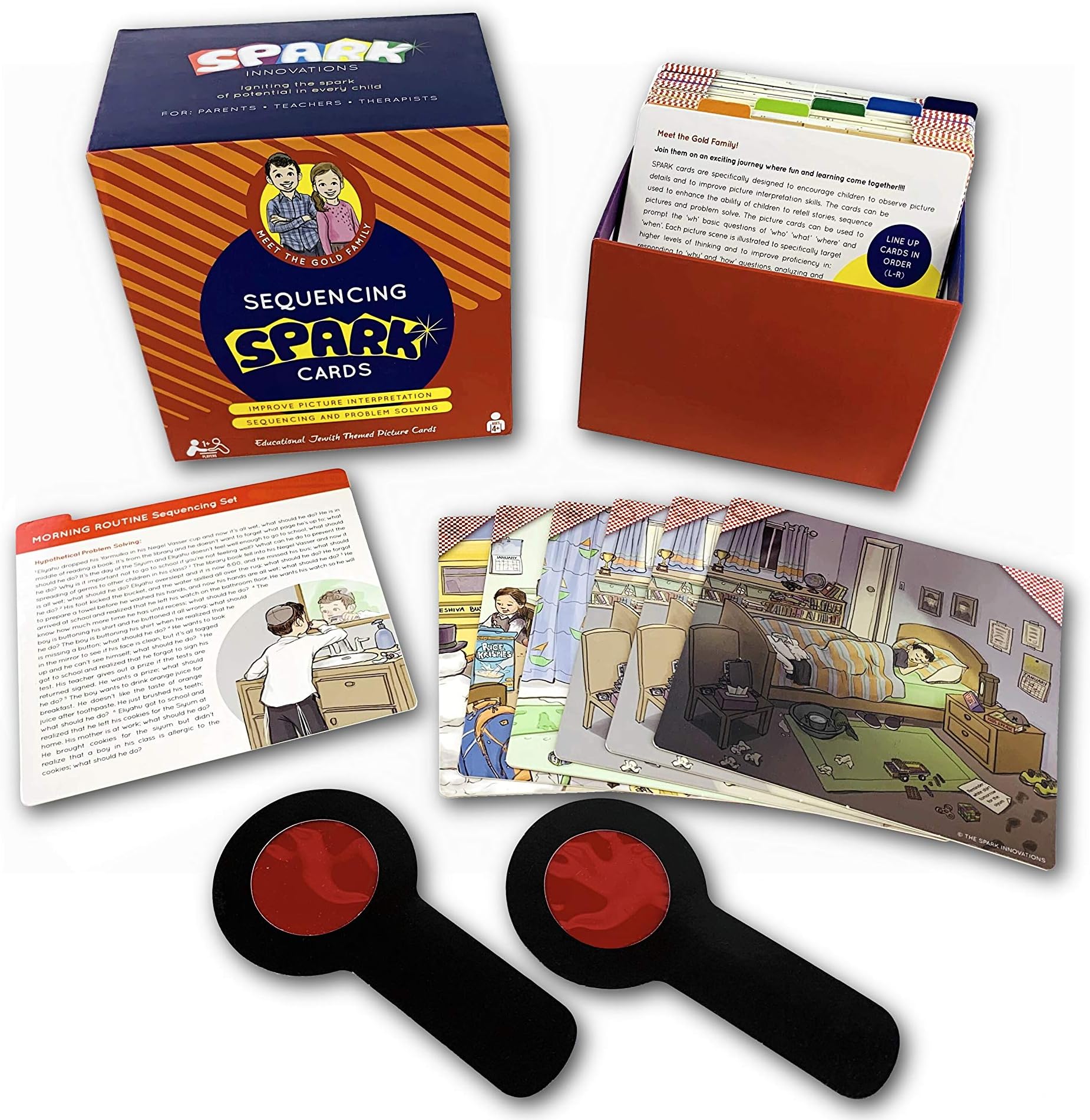 SPARK INNOVATIONS Sequencing Cards, Picture Scene Jewish Themed Story Cards Speech Therapy Game, Problem Solving, Includes Shabbos, Chanukah and Purim Stories