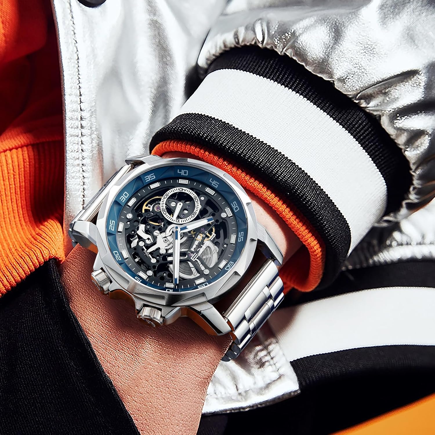 FEICE FM511 Men's Automatic Skeleton Watch, Luxury Sapphire Crystal Glass Blue Dial Luminous Hands, 5ATM Waterproof Sport Wristwatch with Silicone Strap for Men, Casual Mechanical Watches for Men.