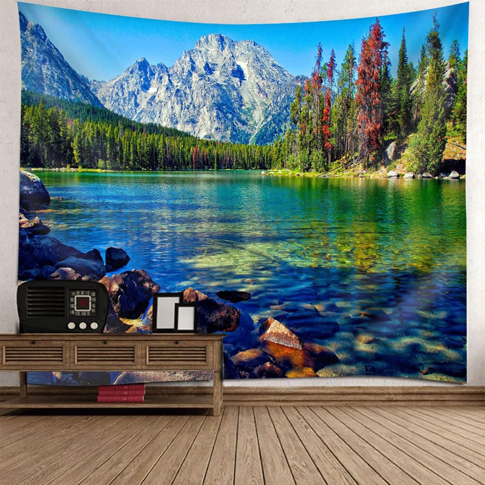 Homxi Tappeto Parete Cameretta 300 W x 256 H CM, Lago di Montagna e Paesaggio Alberato, Tappeto Parete Cameretta Poliestere, Blu Verde
