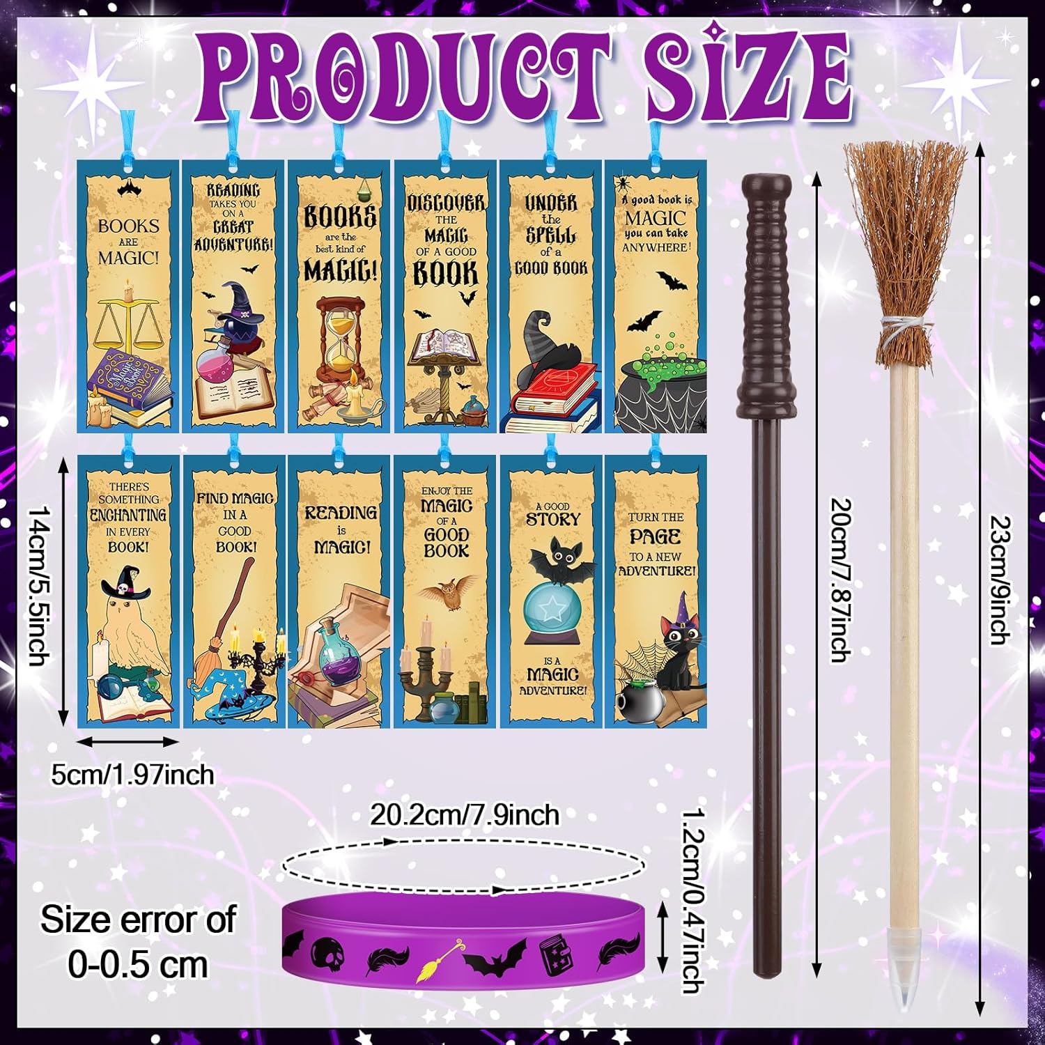 Eaasty 96 Pcs Magical Wizard Party Favors Included 48 Magical Bookmarks 24 Witch Broom Pencils 24 Wizard Silicone Bracelets for Halloween Witch Themed Birthday Goody Bag Filler Favors