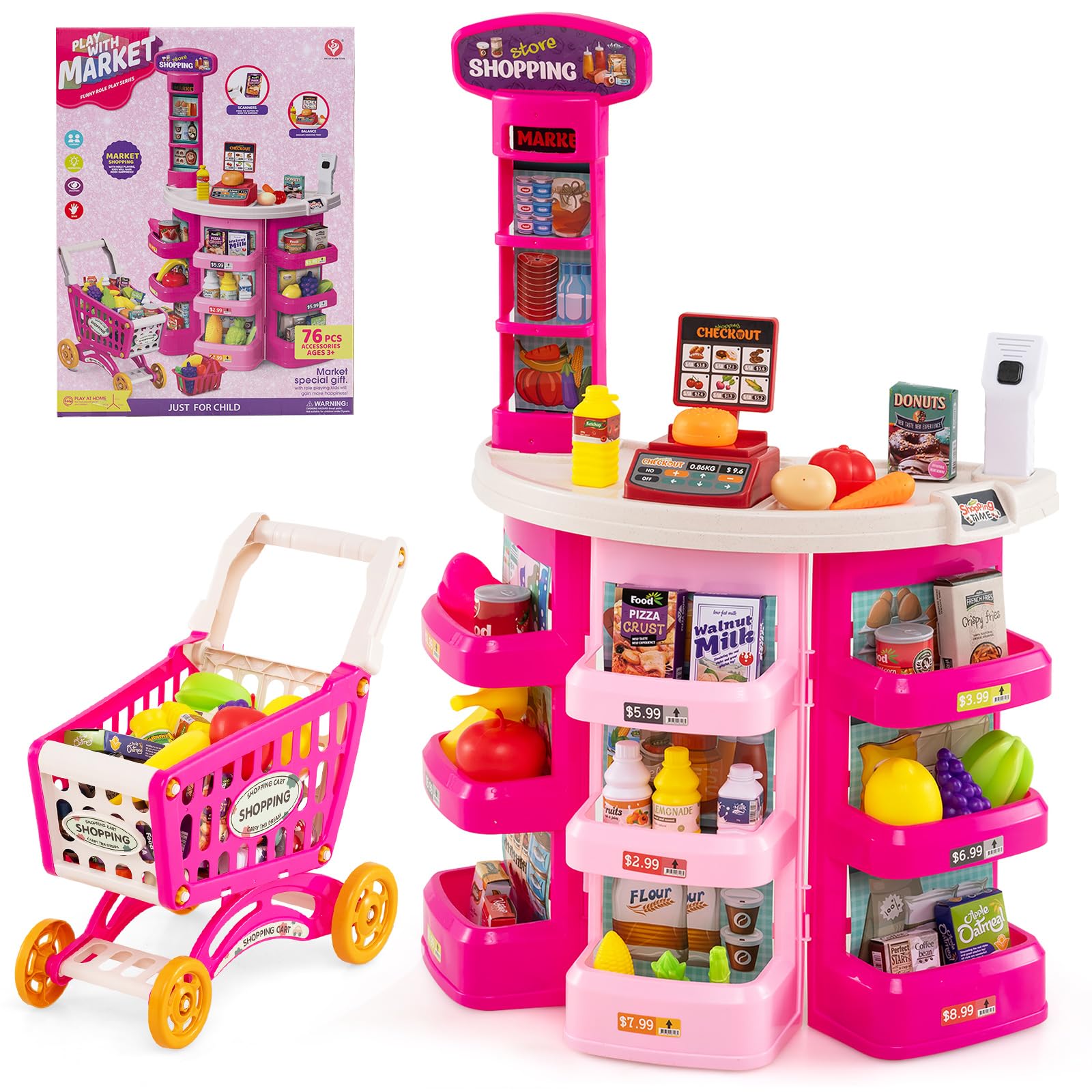 COSTWAY Supermercado Juguete con Carrito de Compra, Supermercado Infantil con Luz, Sonido y 29 Accesorios, Tienda de Comestibles Juguete con Cajero, Báscula, Escáner para Niños de 3+ Años (Rosa)