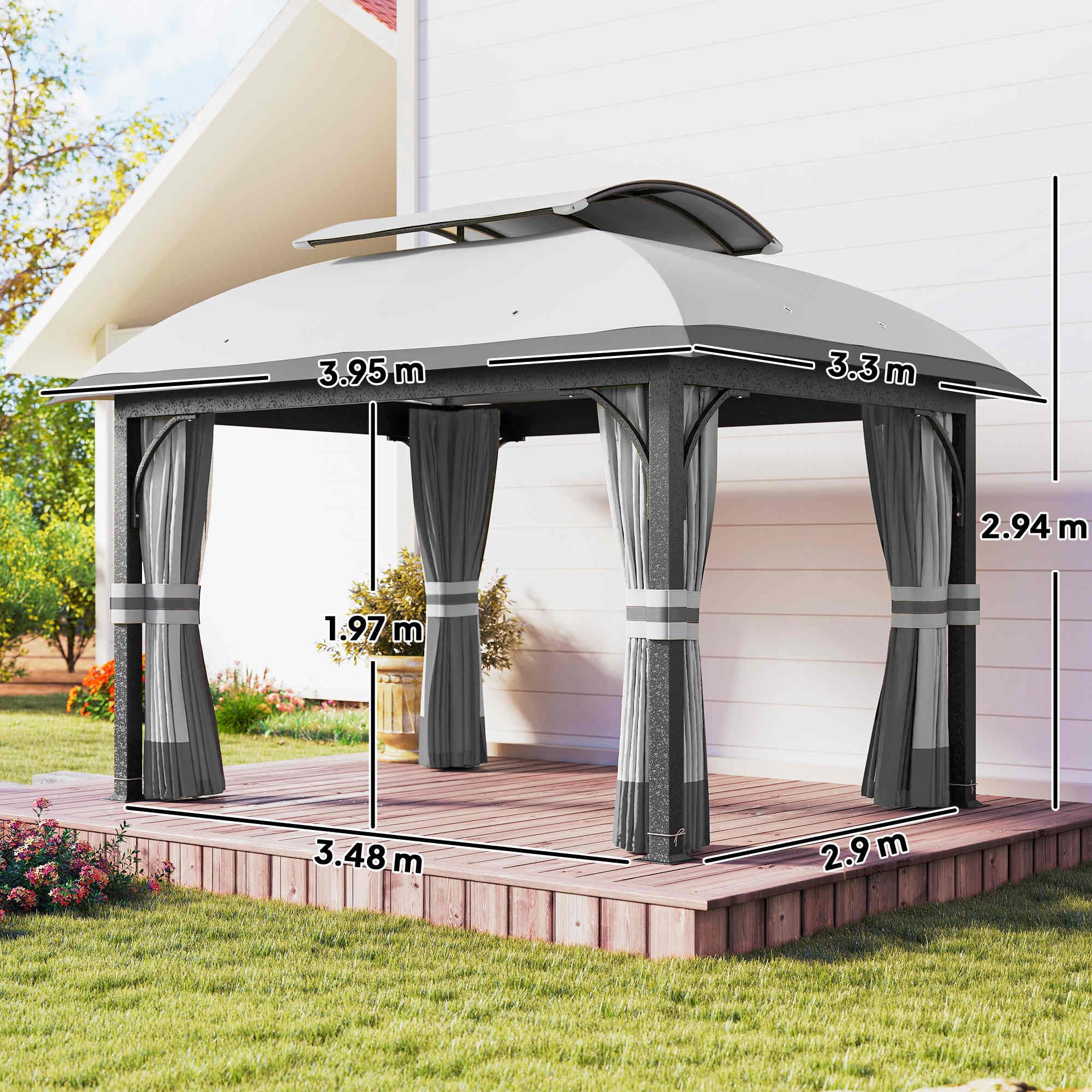 Outsunny Gazebo da Giardino con Zanzariere e Porte 4x3.3 m Grigio Chiaro | Doppio Tetto, Fori di Drenaggio, Gazebo da Esterno, Metallo e Poliestere, per Giardino Feste Campeggio, UV20+